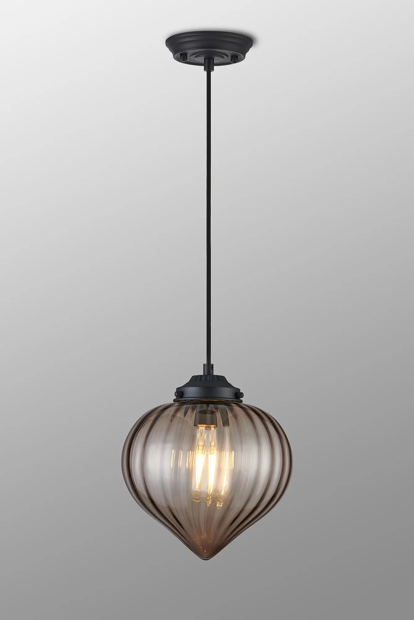 Grove Single Pendant with Flower Bud Shade - Satin Black & Black Braided Cable & Cognac
