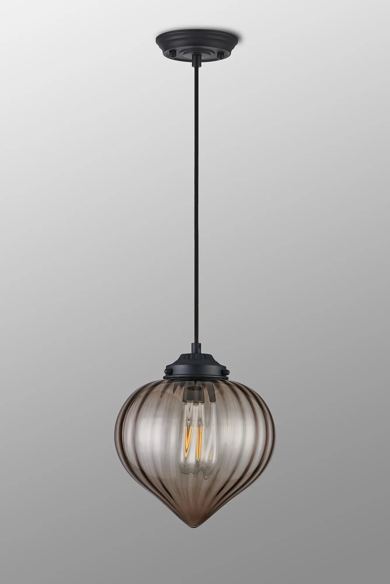 Grove Single Pendant with Flower Bud Shade - Satin Black & Black Braided Cable & Cognac