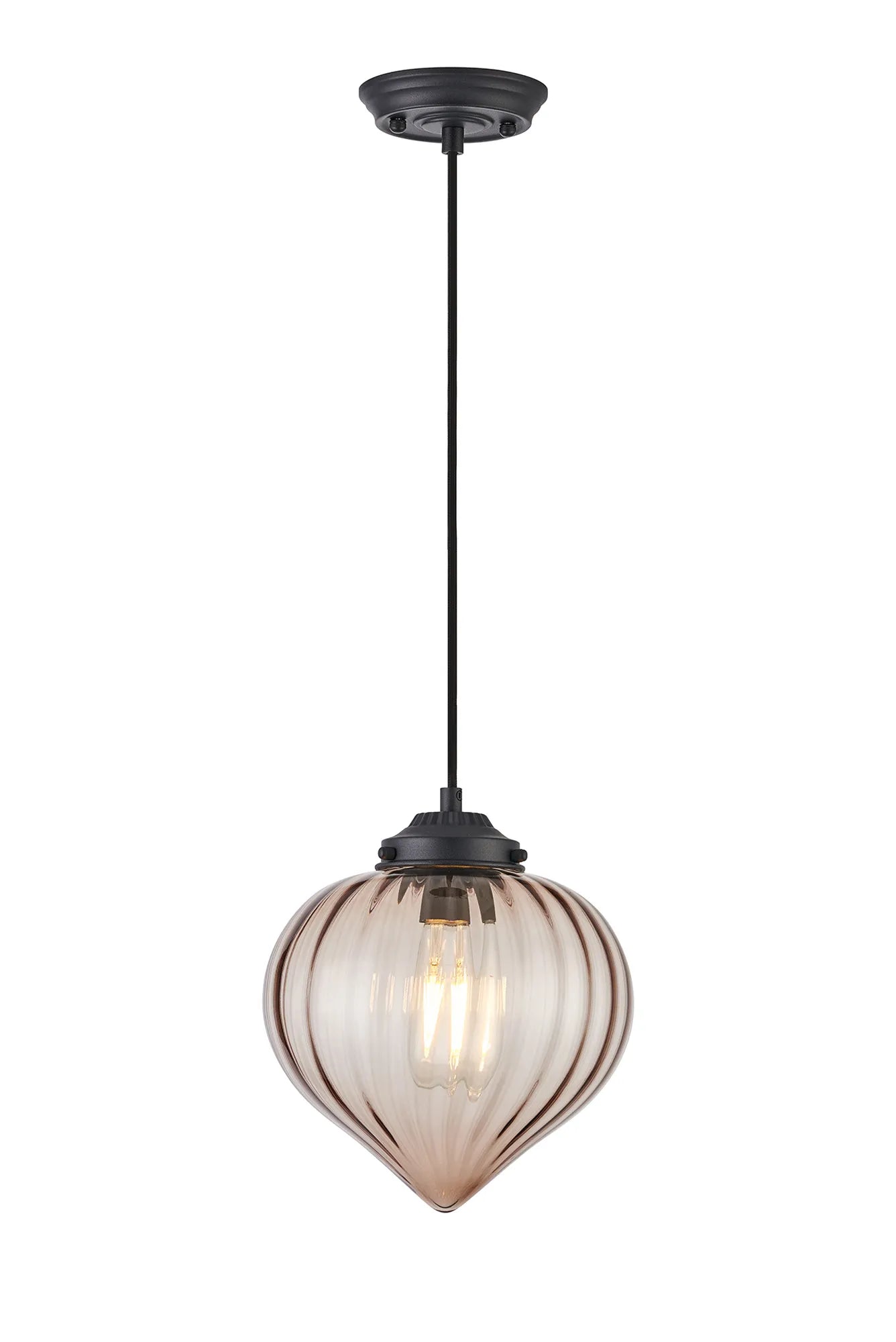 Grove Single Pendant with Flower Bud Shade - Satin Black & Black Braided Cable & Cognac