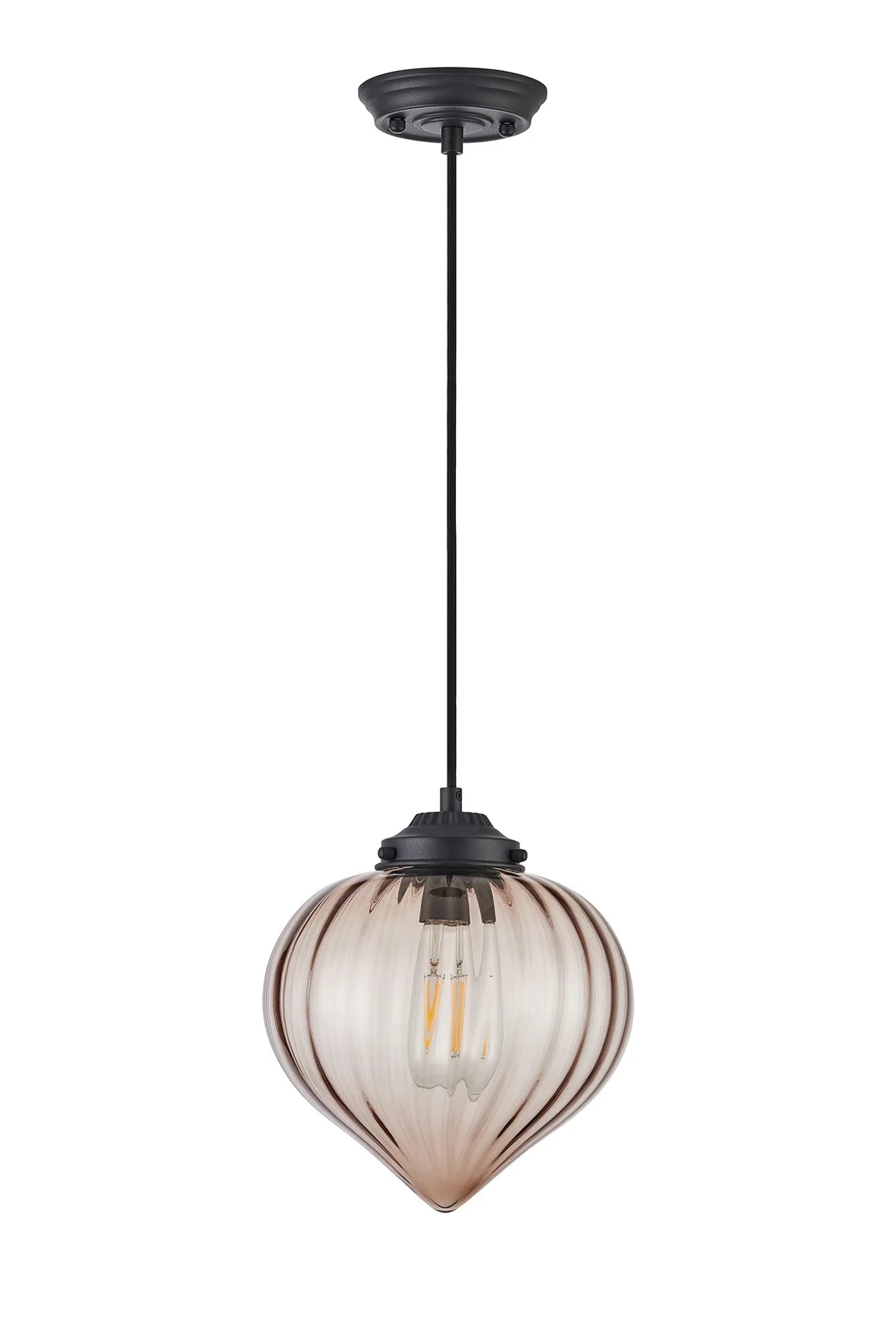 Grove Single Pendant with Flower Bud Shade - Satin Black & Black Braided Cable & Cognac