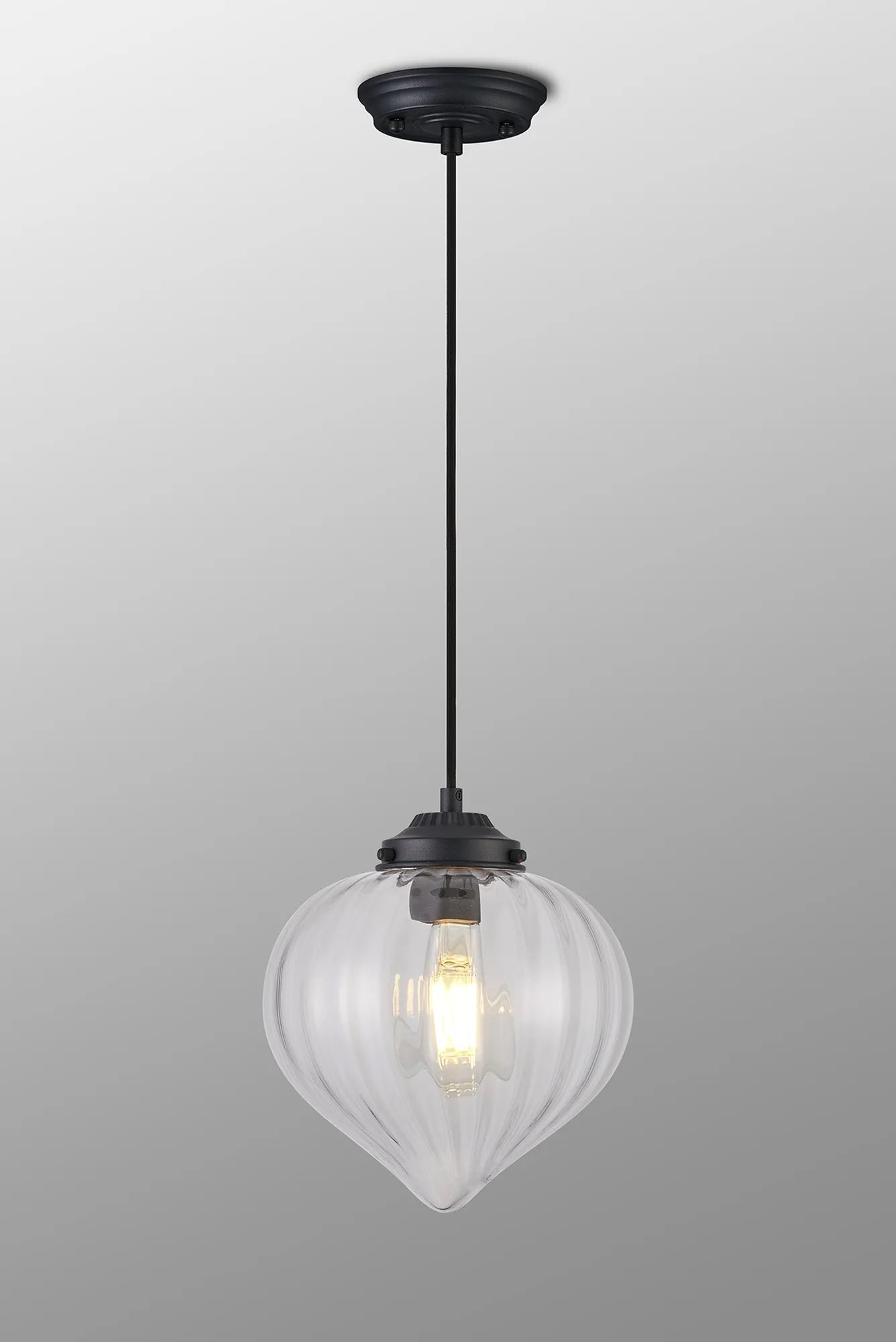 Grove Single Pendant with Flower Bud Shade - Satin Black & Black Braided Cable & Clear