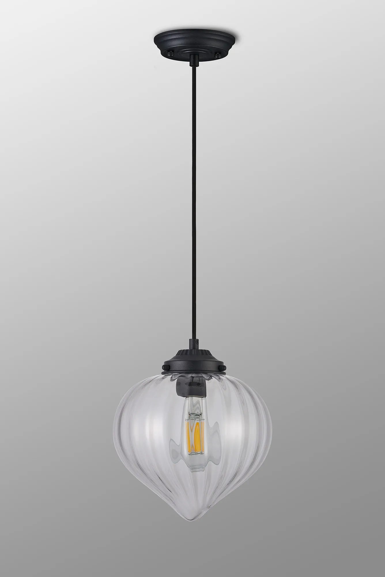 Grove Single Pendant with Flower Bud Shade - Satin Black & Black Braided Cable & Clear