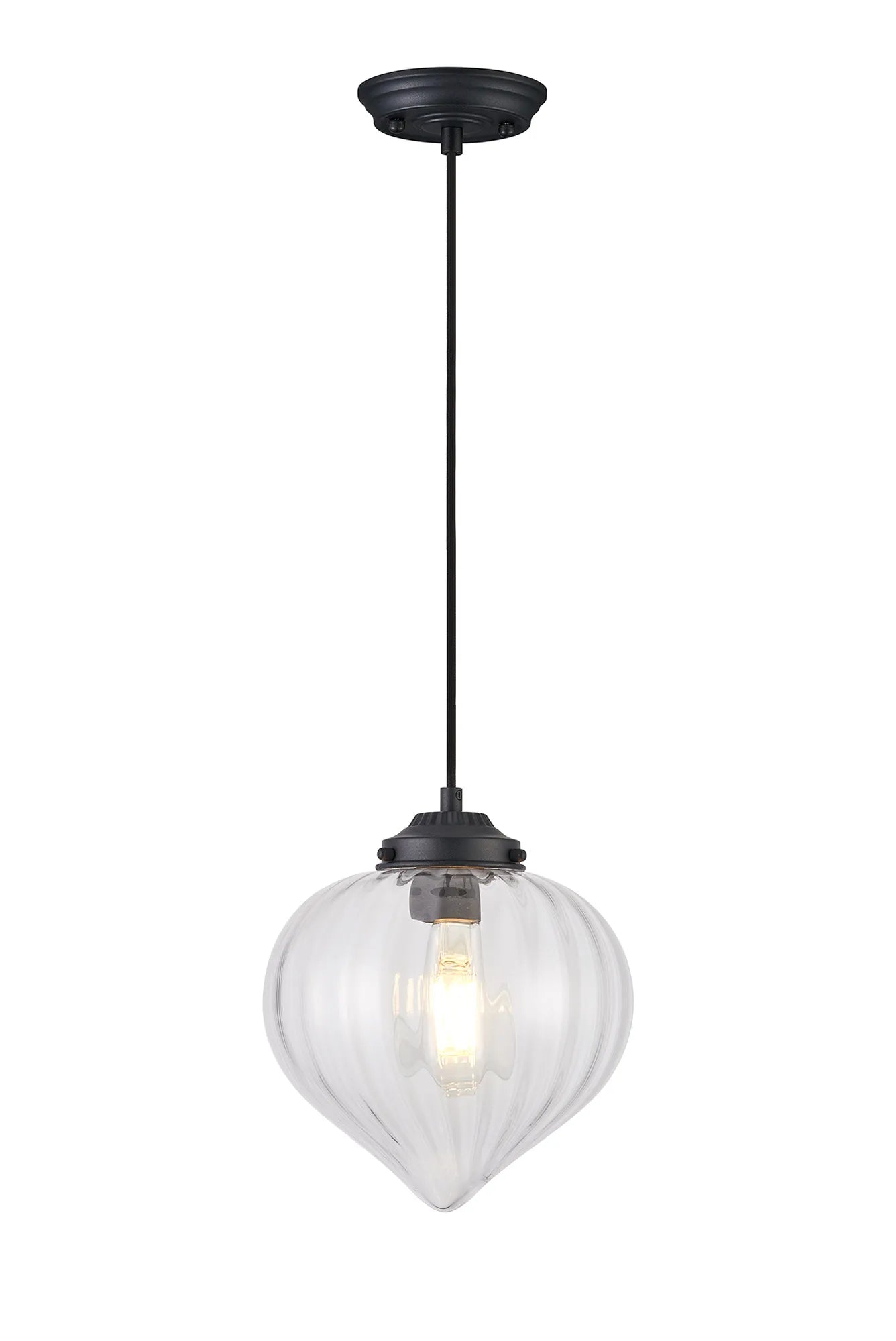 Grove Single Pendant with Flower Bud Shade - Satin Black & Black Braided Cable & Clear