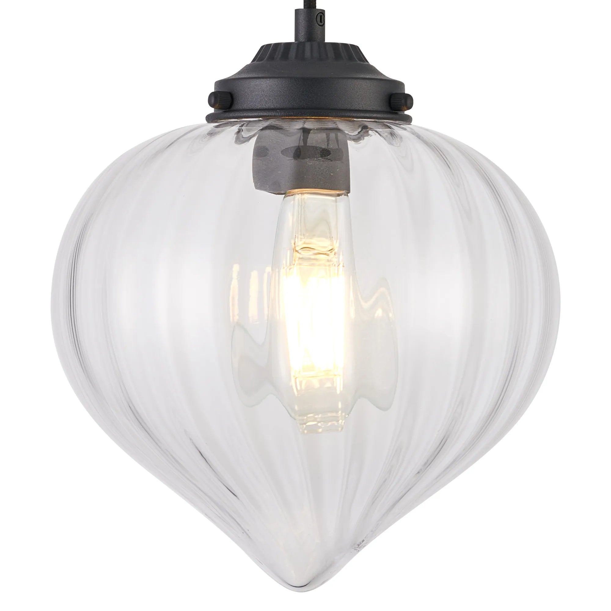 Grove Single Pendant with Flower Bud Shade - Satin Black & Black Braided Cable & Clear