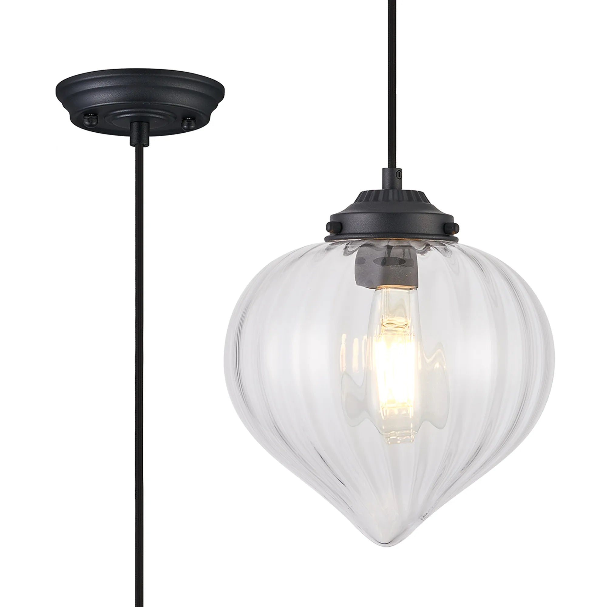 Grove Single Pendant with Flower Bud Shade - Satin Black & Black Braided Cable & Clear