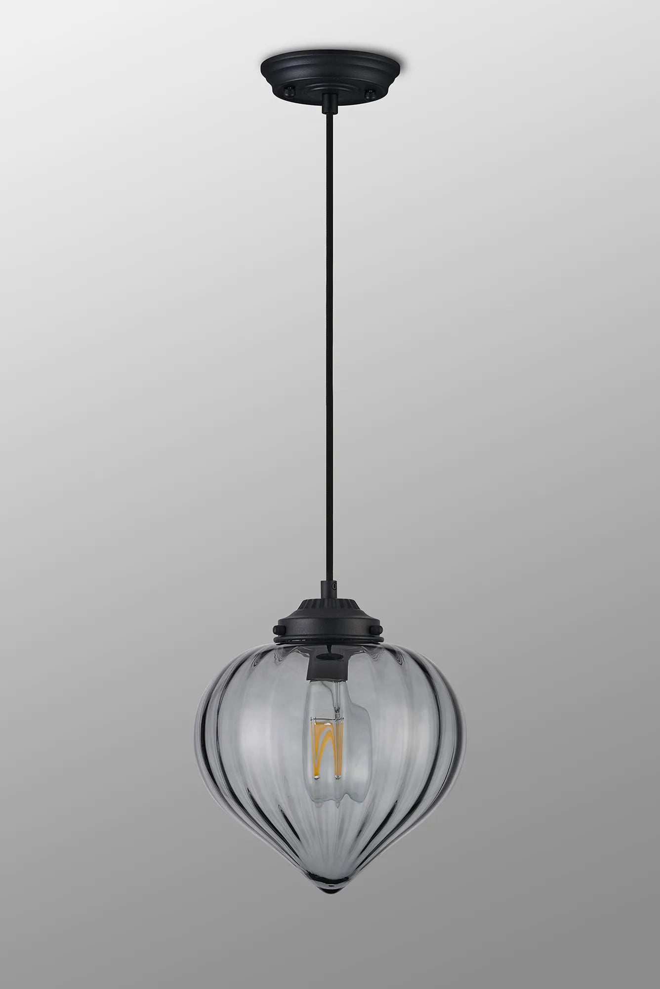 Grove Single Pendant with Flower Bud Shade - Satin Black & Black Braided Cable & Smoke