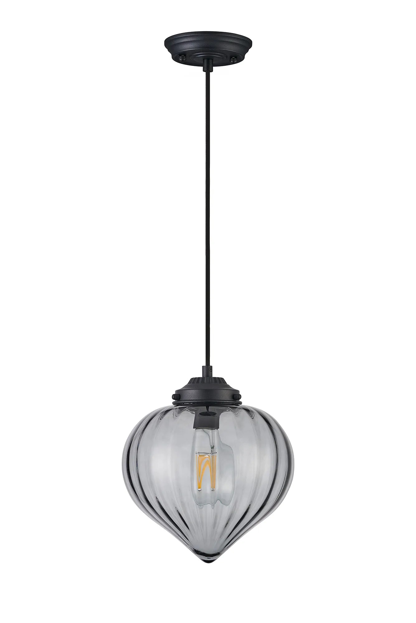 Grove Single Pendant with Flower Bud Shade - Satin Black & Black Braided Cable & Smoke