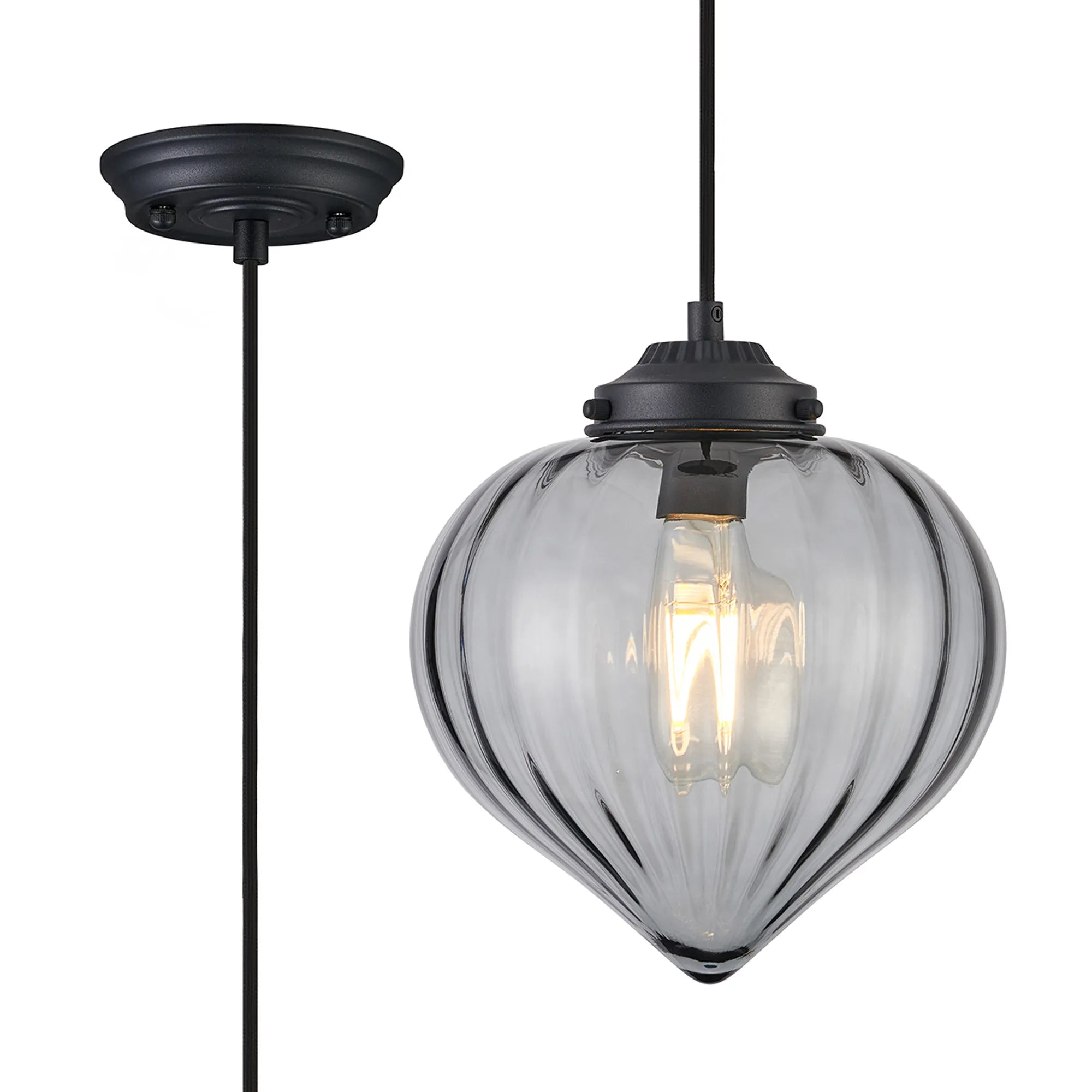 Grove Single Pendant with Flower Bud Shade - Satin Black & Black Braided Cable & Smoke