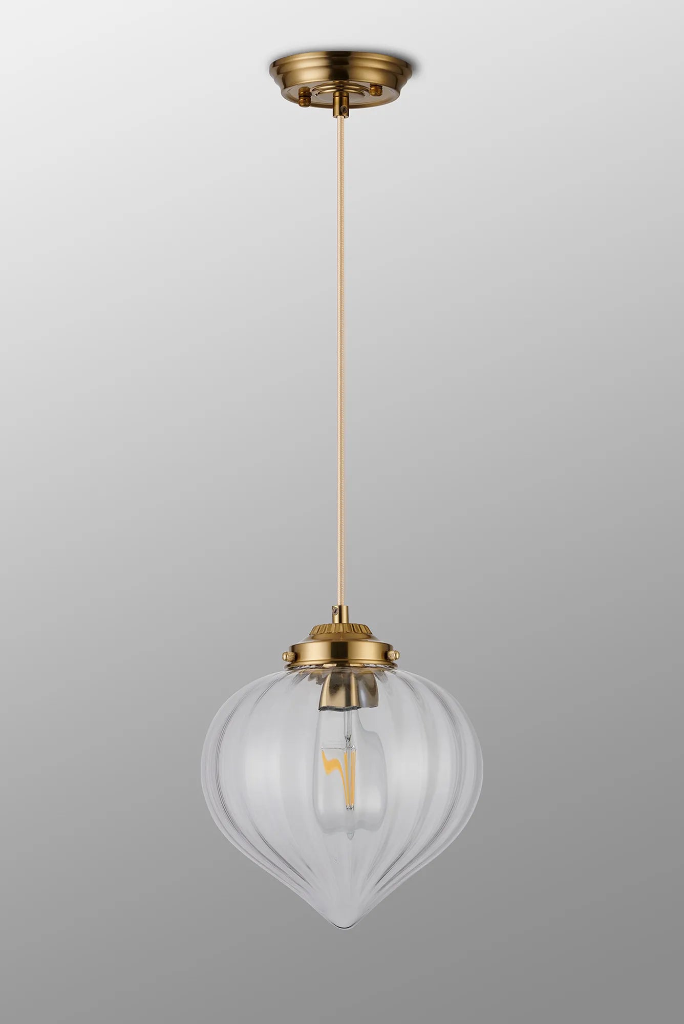 Grove Single Pendant with Flower Bud Shade - Brass & Pale Gold Braided Cable & Clear