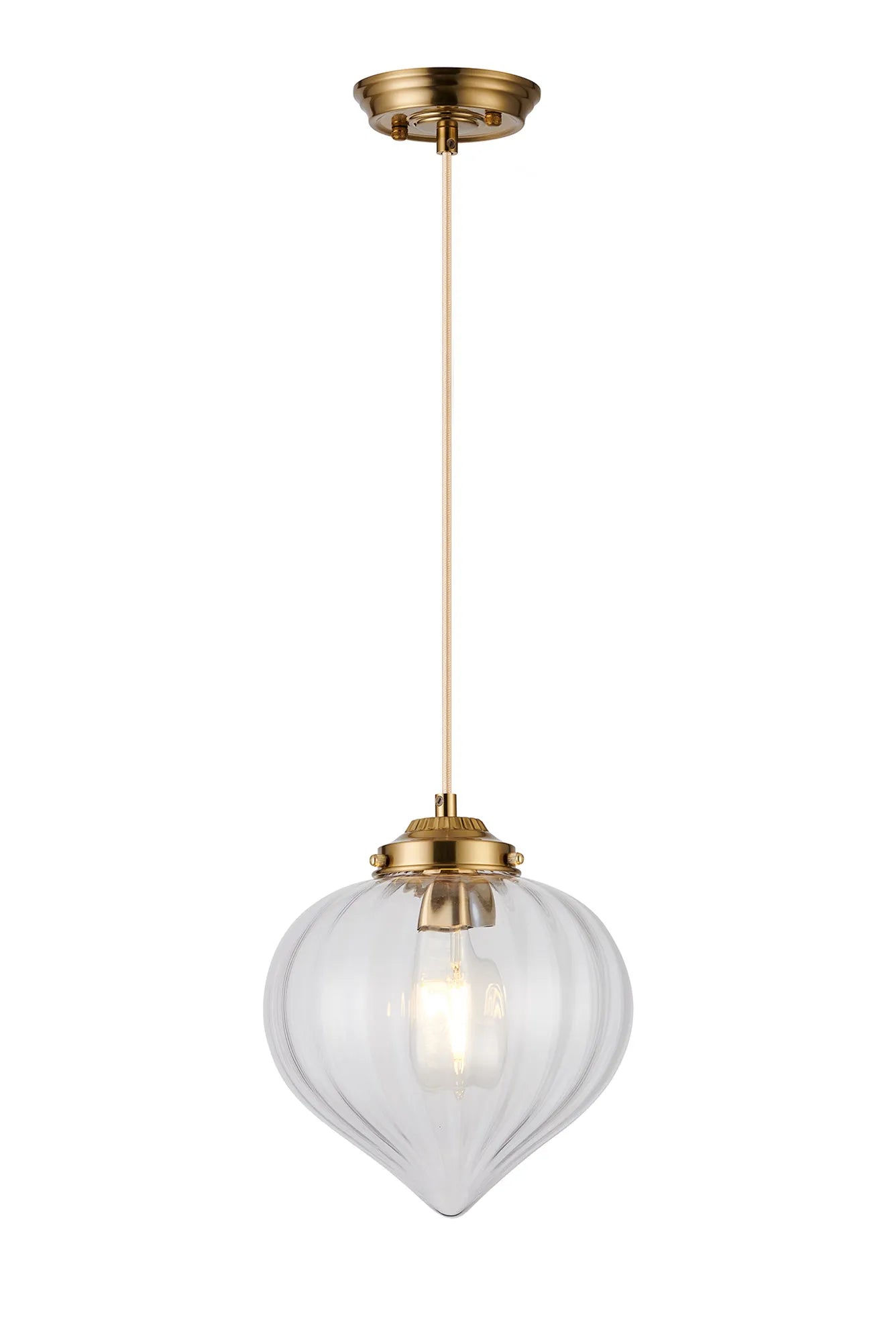 Grove Single Pendant with Flower Bud Shade - Brass & Pale Gold Braided Cable & Clear