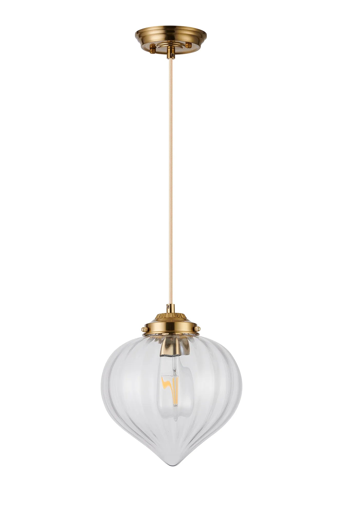 Grove Single Pendant with Flower Bud Shade - Brass & Pale Gold Braided Cable & Clear