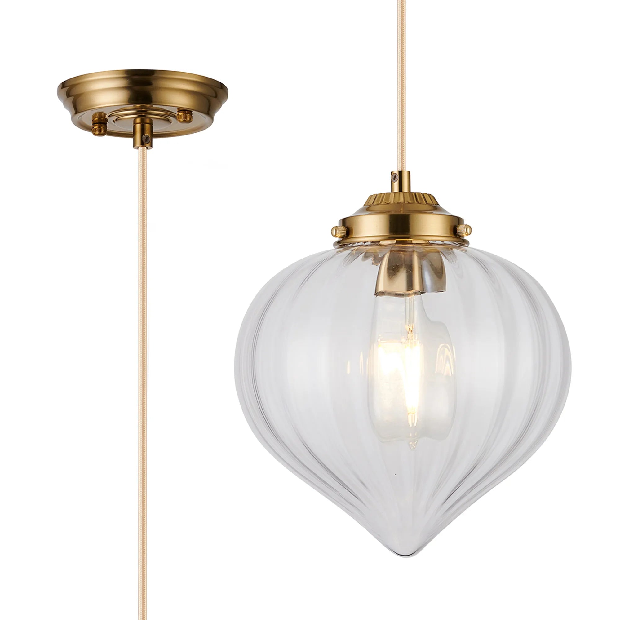 Grove Single Pendant with Flower Bud Shade - Brass & Pale Gold Braided Cable & Clear