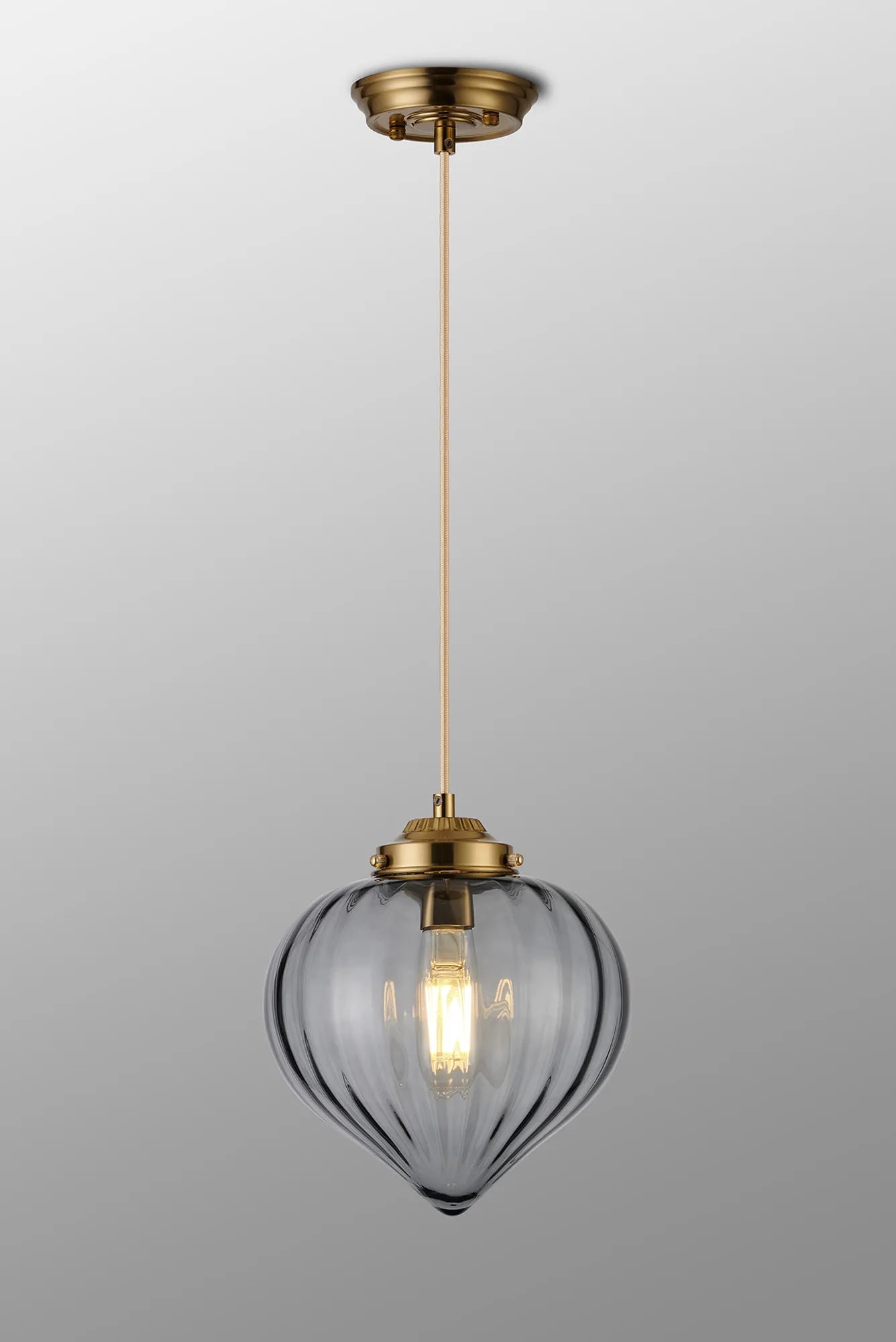Grove Single Pendant with Flower Bud Shade - Brass & Pale Gold Braided Cable & Smoke