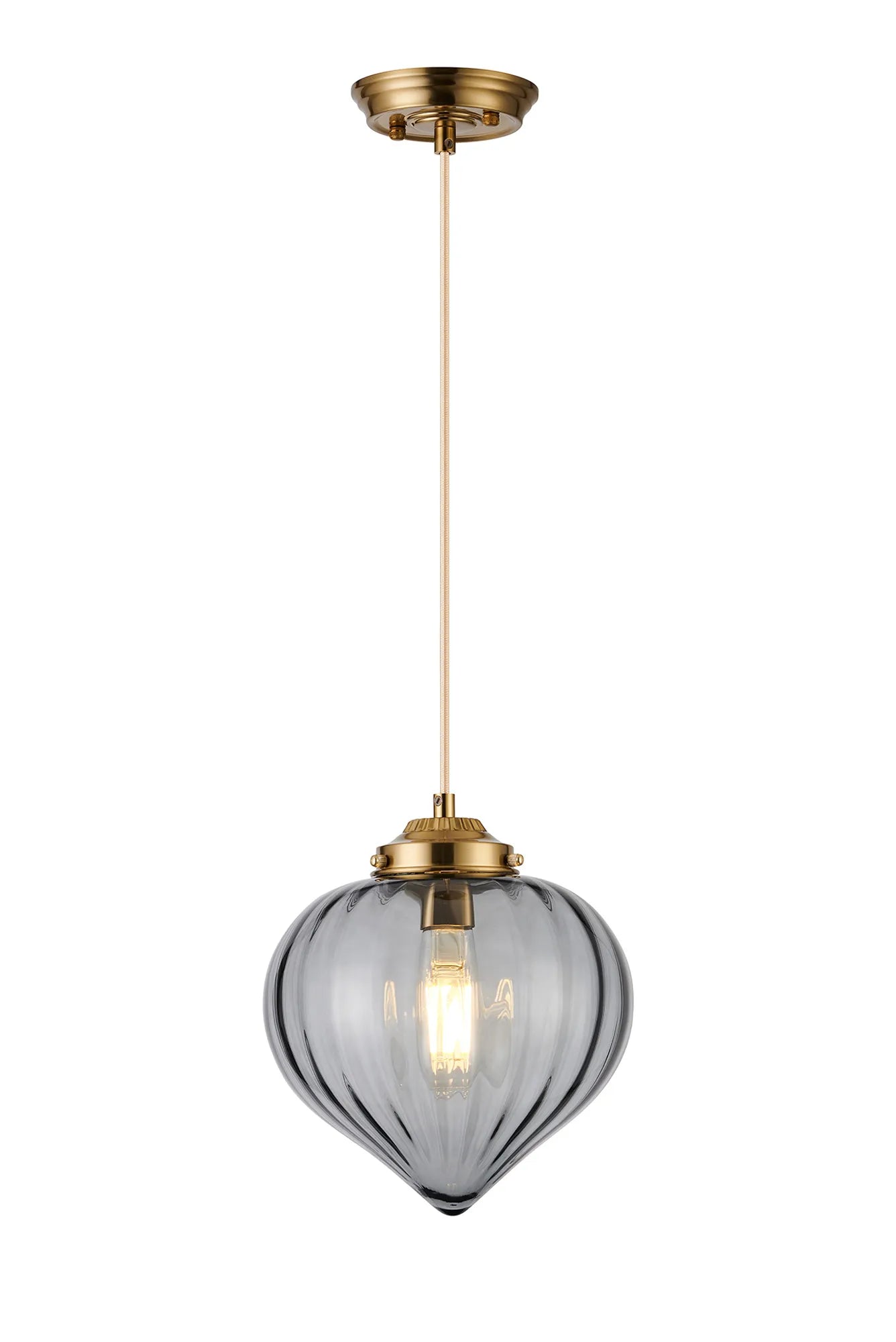 Grove Single Pendant with Flower Bud Shade - Brass & Pale Gold Braided Cable & Smoke