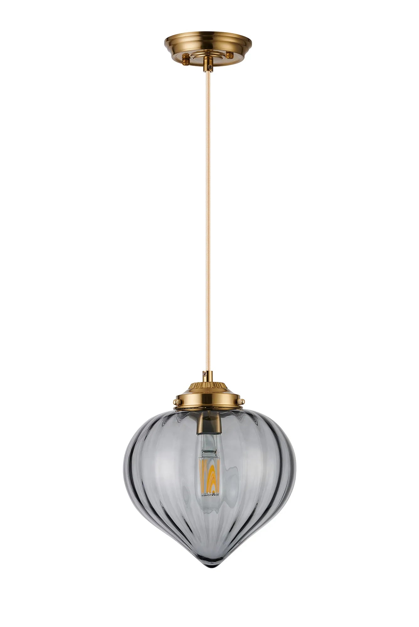 Grove Single Pendant with Flower Bud Shade - Brass & Pale Gold Braided Cable & Smoke