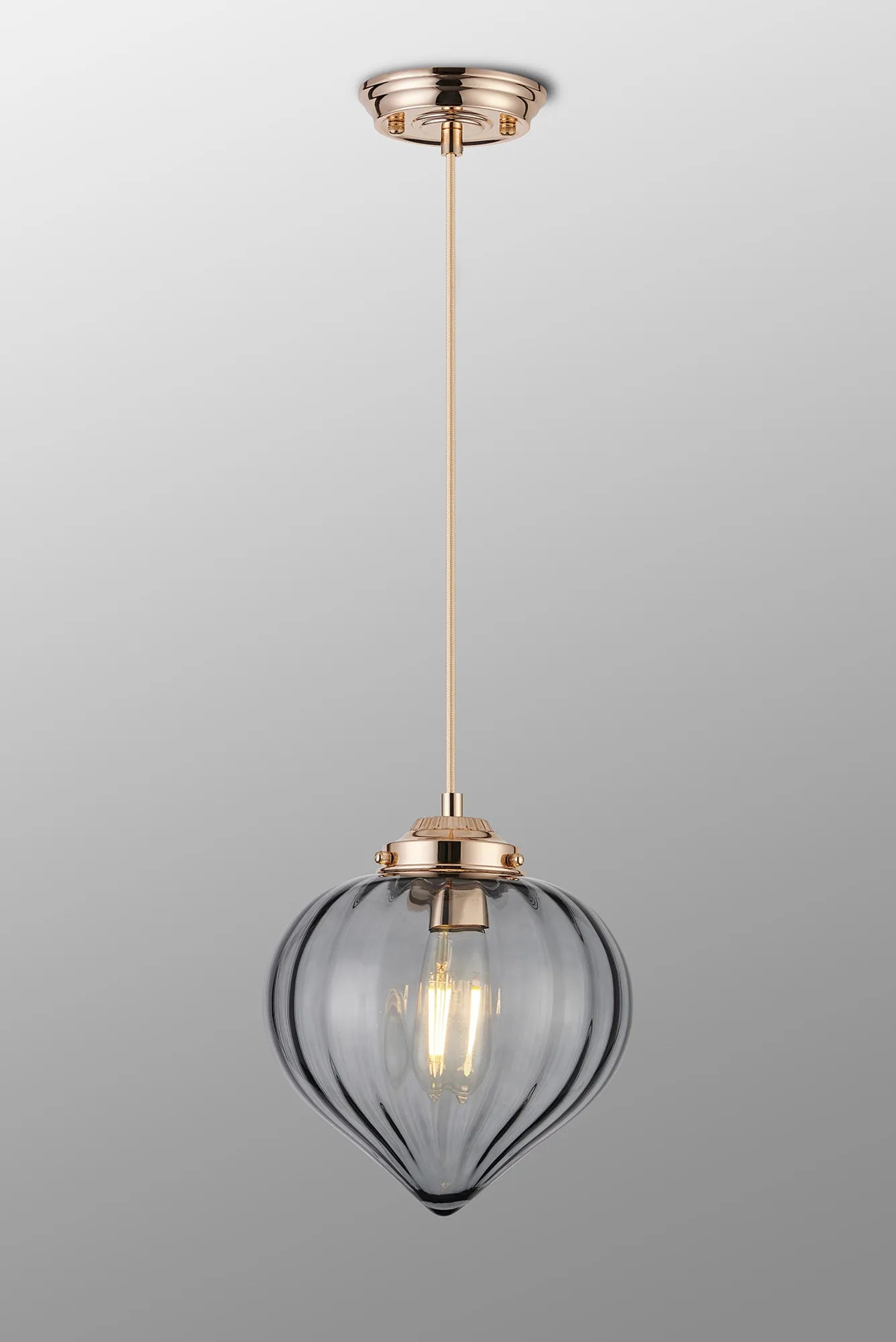 Grove Single Pendant with Flower Bud Shade - French Gold & Gold Braided Cable & Smoke