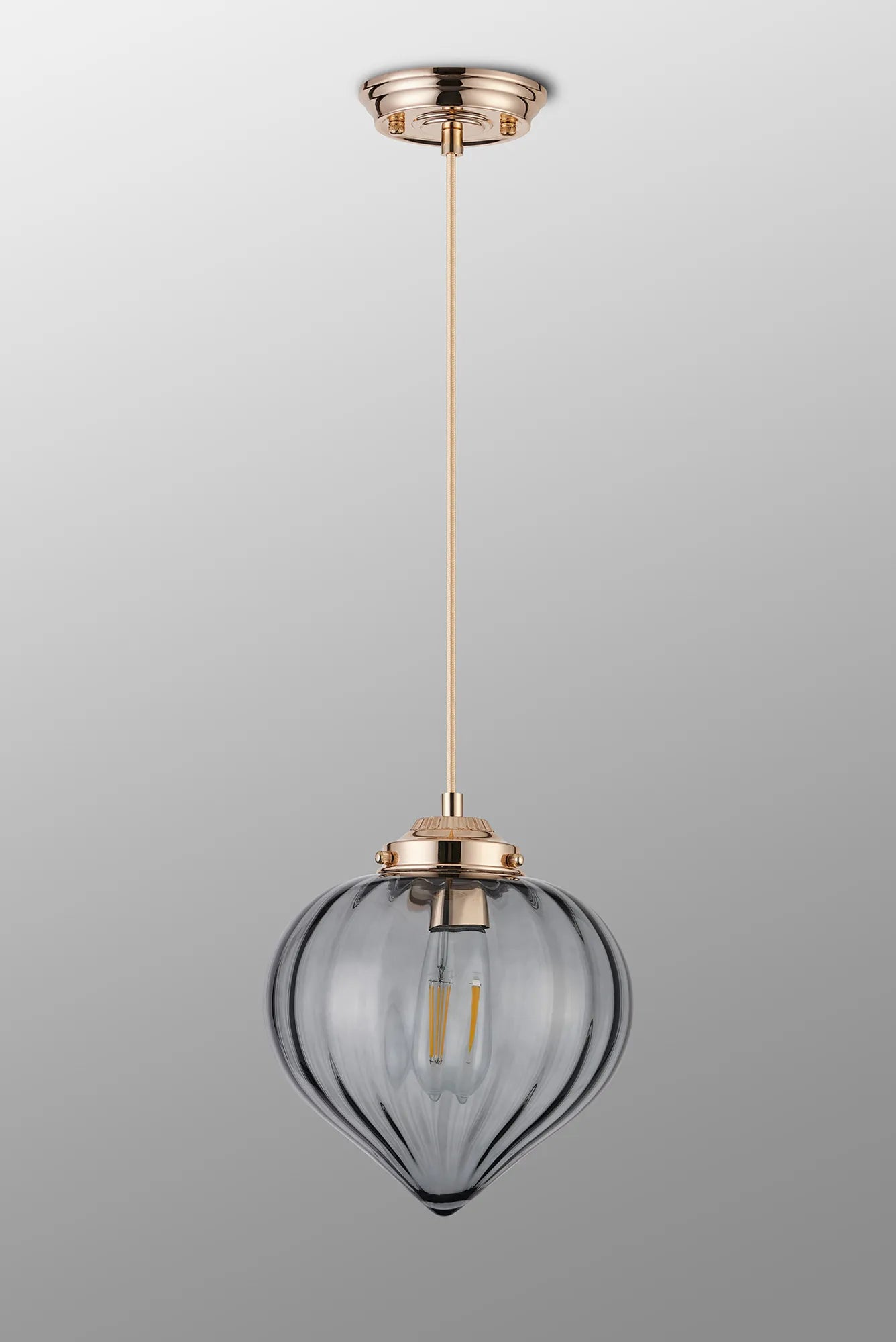 Grove Single Pendant with Flower Bud Shade - French Gold & Gold Braided Cable & Smoke