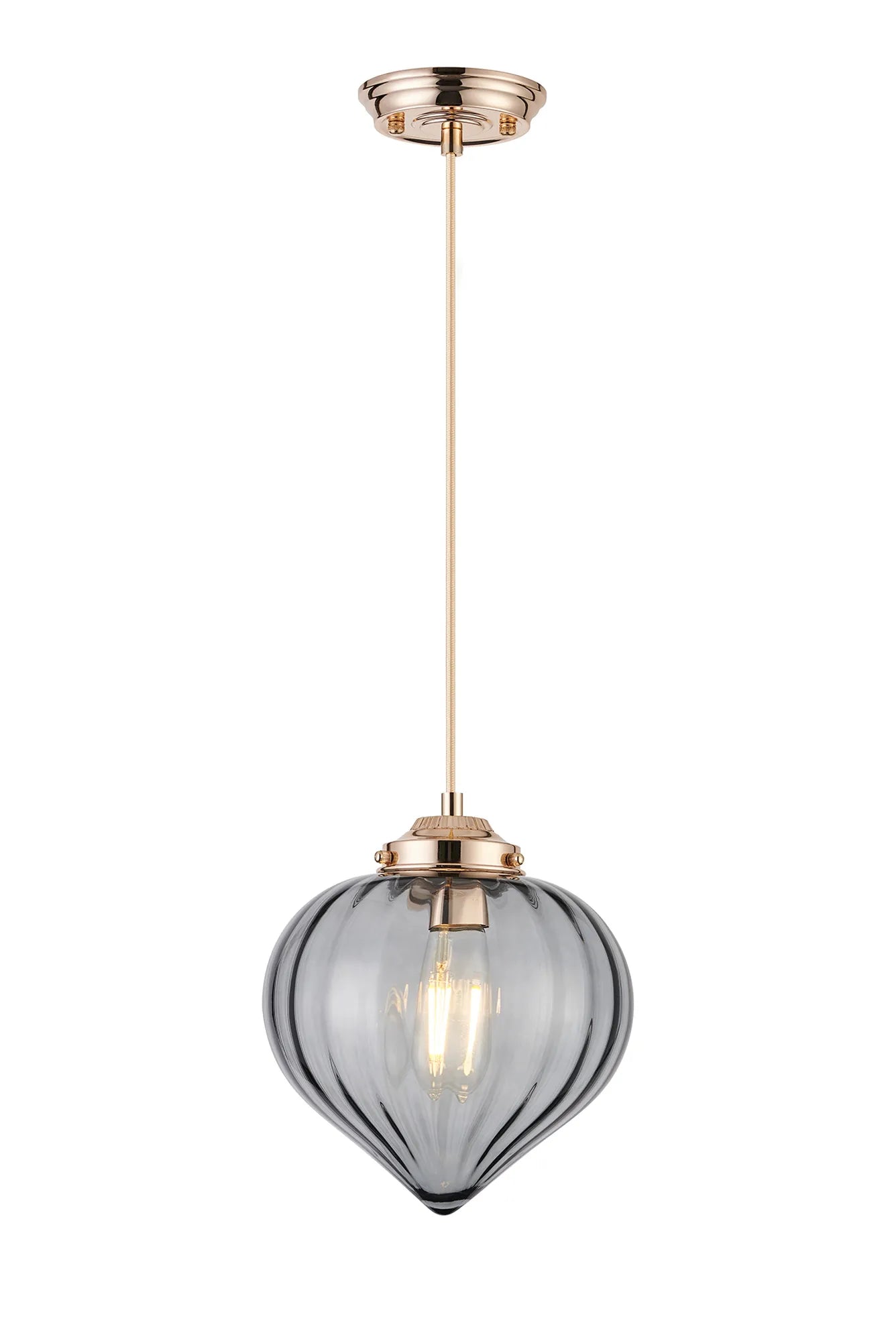 Grove Single Pendant with Flower Bud Shade - French Gold & Gold Braided Cable & Smoke