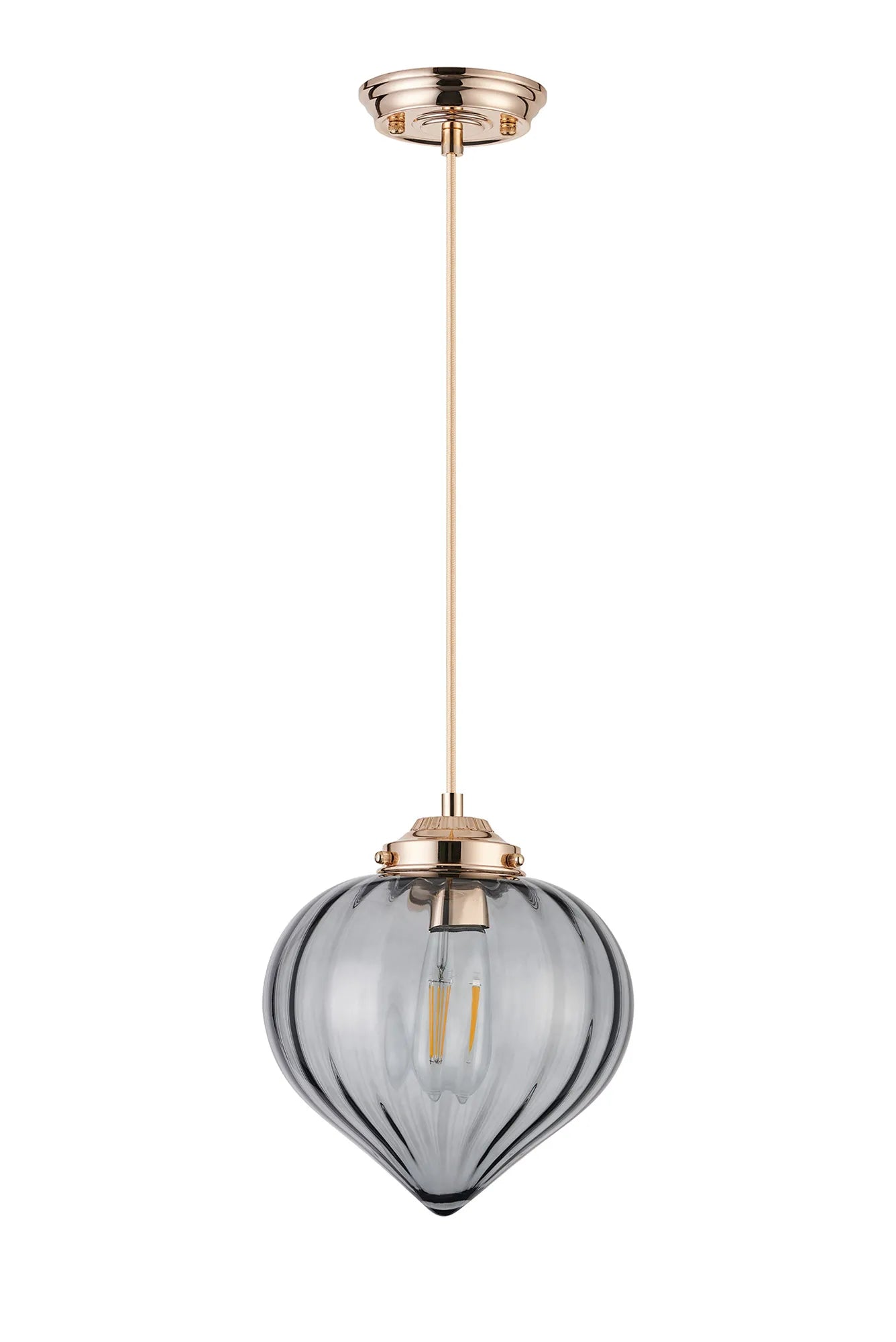 Grove Single Pendant with Flower Bud Shade - French Gold & Gold Braided Cable & Smoke