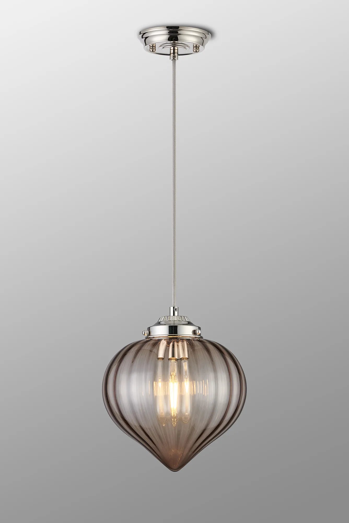 Grove Single Pendant with Flower Bud Shade - Polished Nickel & Grey Braided Cable & Cognac