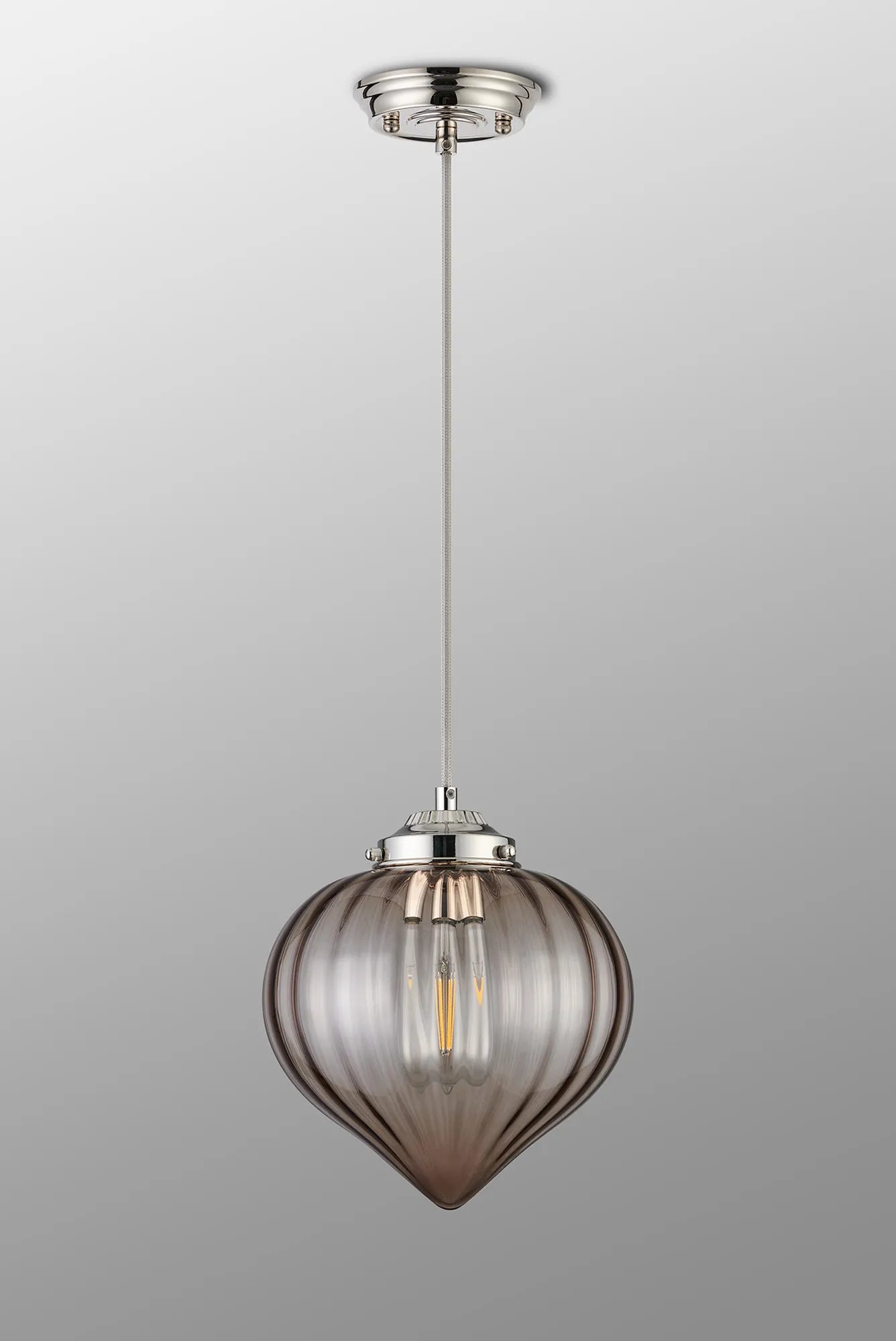 Grove Single Pendant with Flower Bud Shade - Polished Nickel & Grey Braided Cable & Cognac