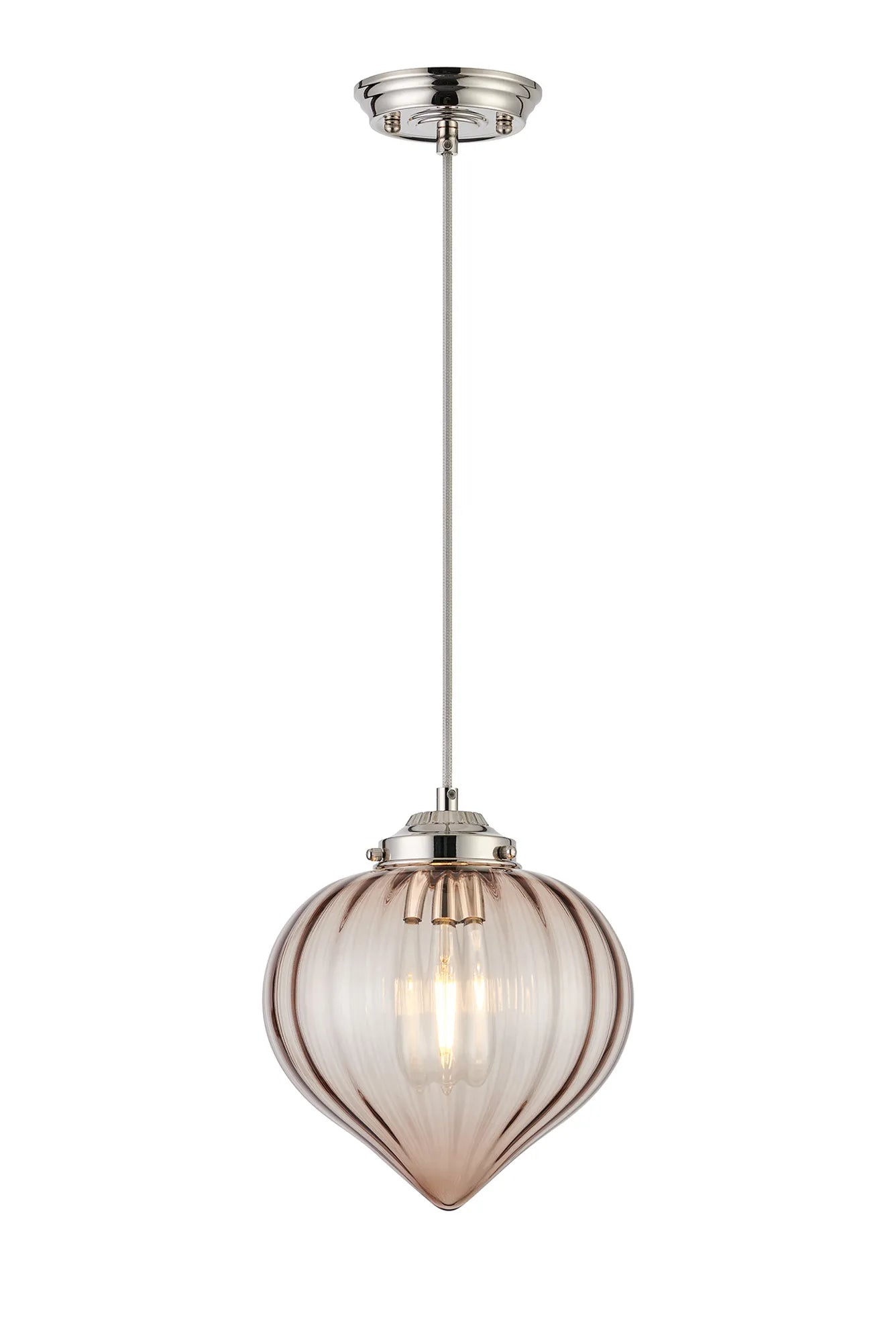 Grove Single Pendant with Flower Bud Shade - Polished Nickel & Grey Braided Cable & Cognac