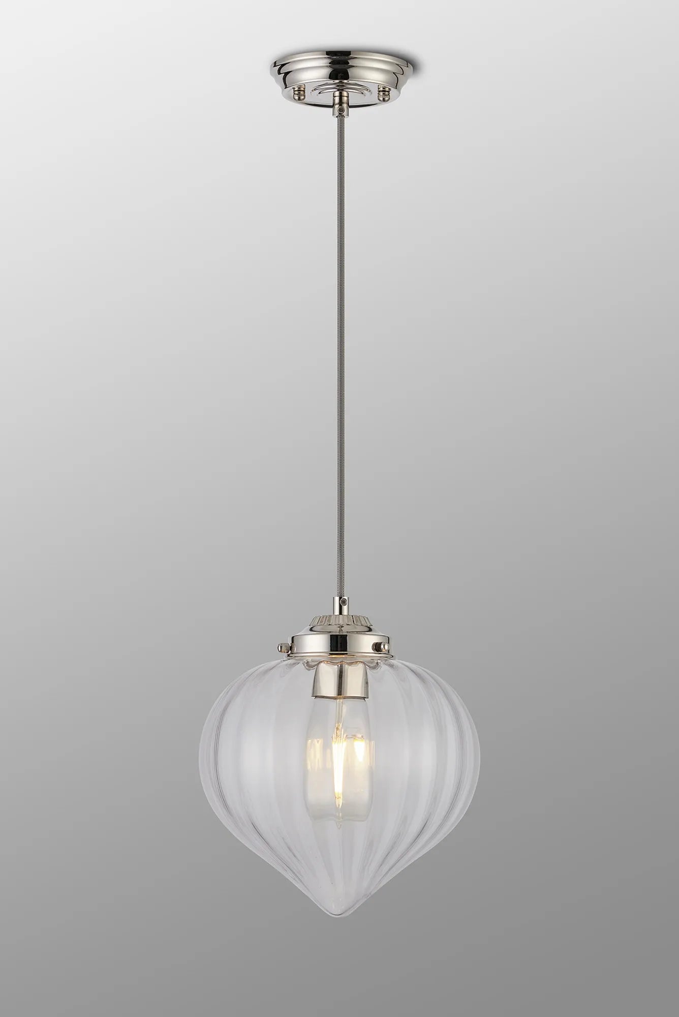 Grove Single Pendant with Flower Bud Shade - Polished Nickel & Grey Braided Cable & Clear