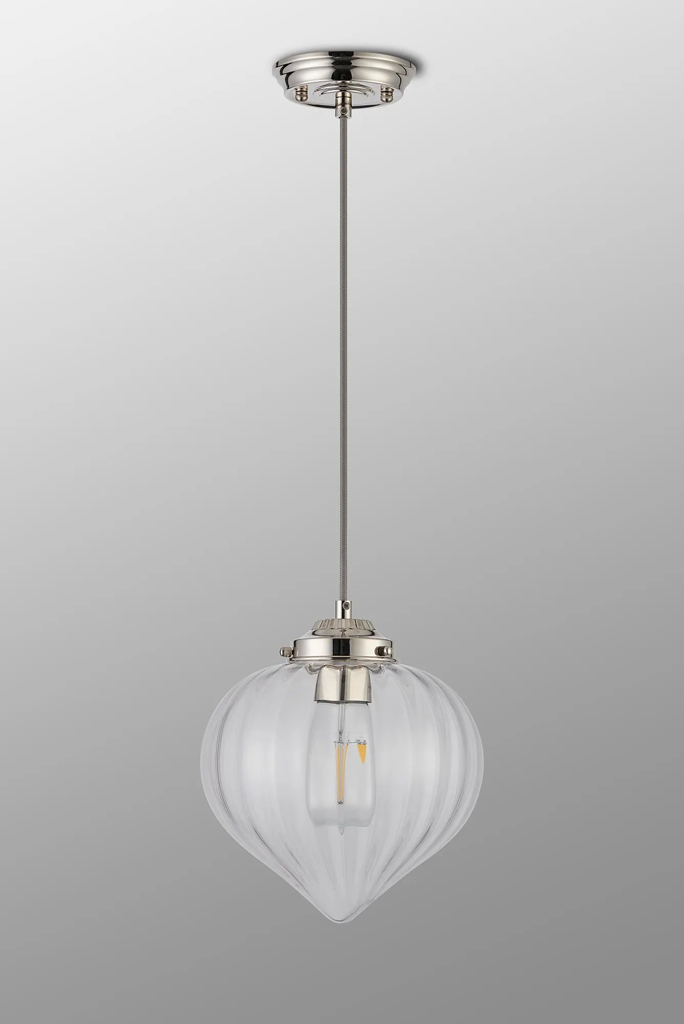 Grove Single Pendant with Flower Bud Shade - Polished Nickel & Grey Braided Cable & Clear