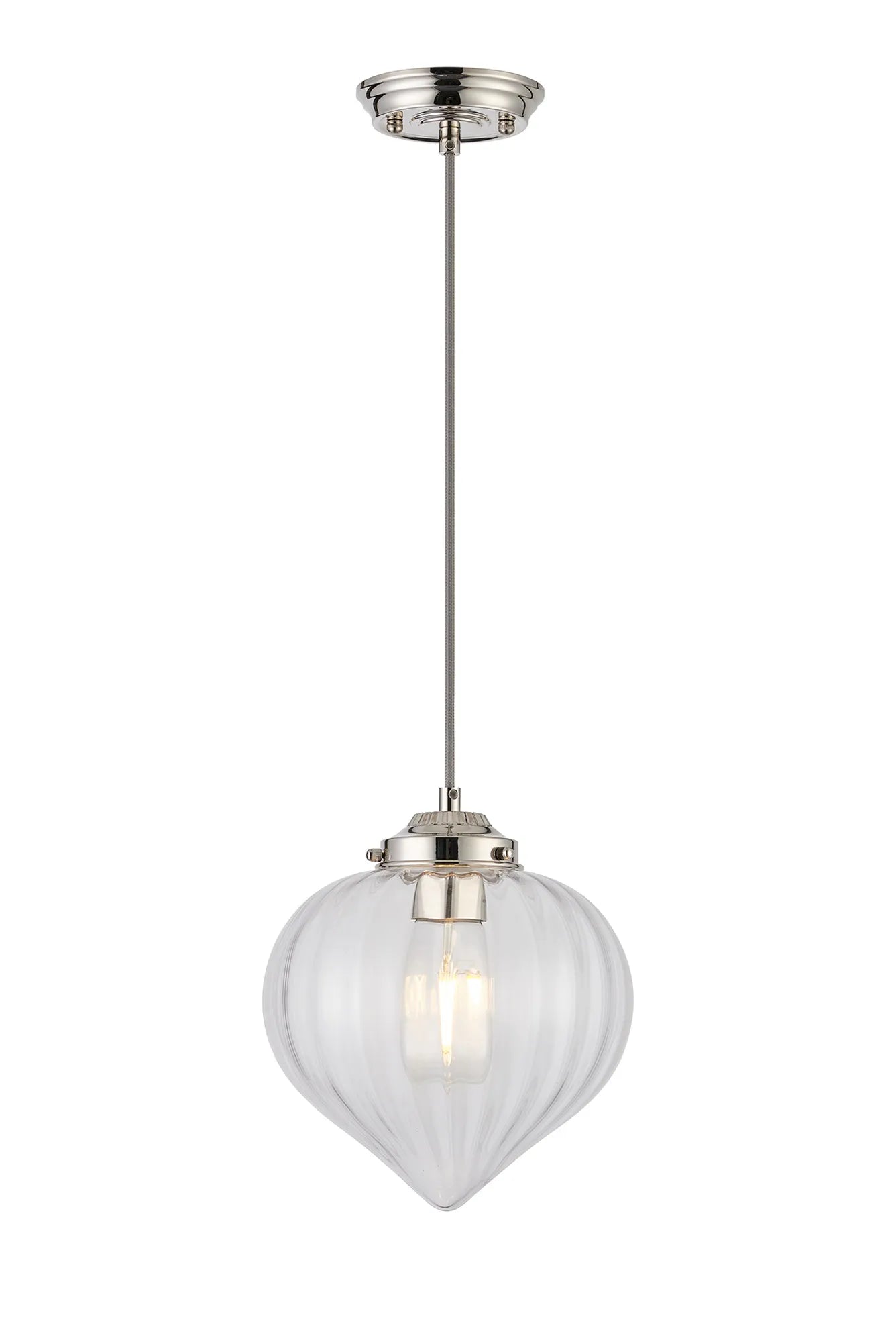 Grove Single Pendant with Flower Bud Shade - Polished Nickel & Grey Braided Cable & Clear