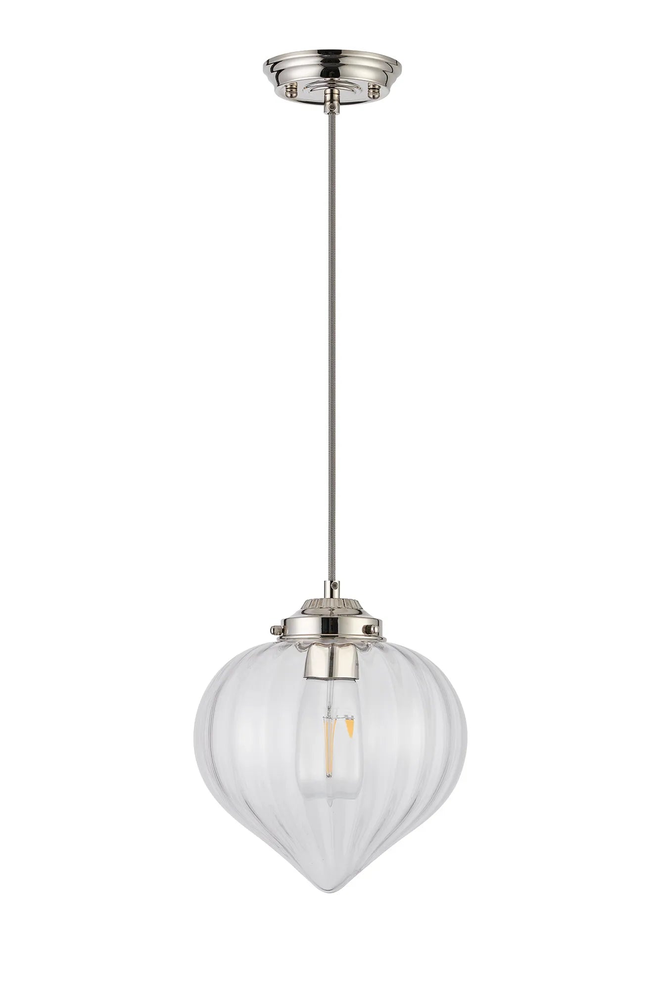 Grove Single Pendant with Flower Bud Shade - Polished Nickel & Grey Braided Cable & Clear