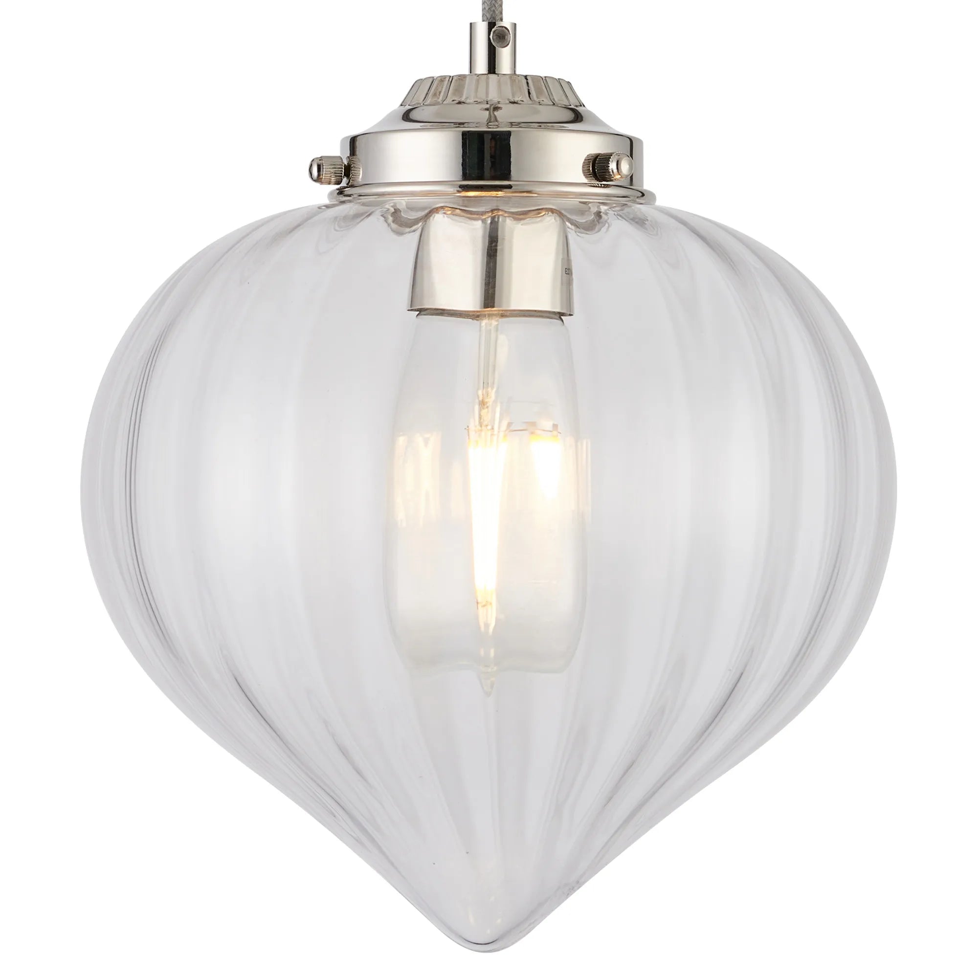 Grove Single Pendant with Flower Bud Shade - Polished Nickel & Grey Braided Cable & Clear