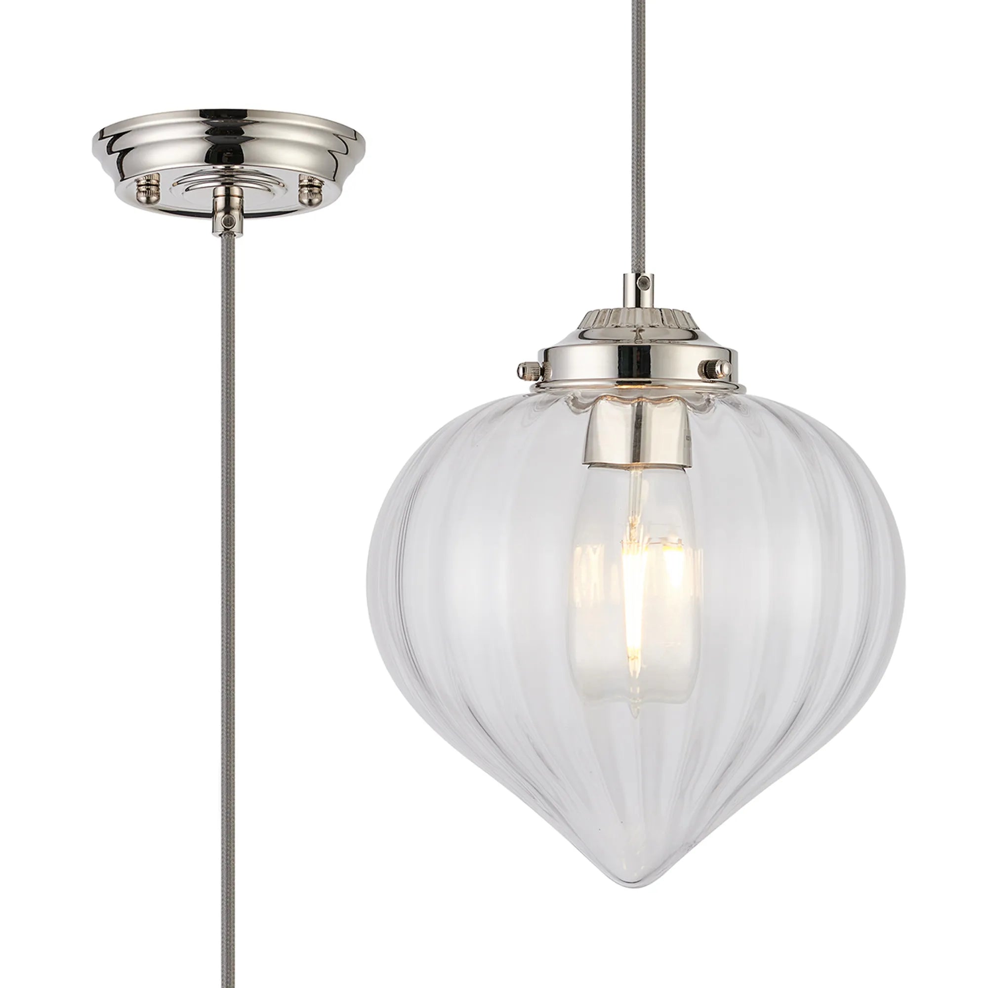 Grove Single Pendant with Flower Bud Shade - Polished Nickel & Grey Braided Cable & Clear