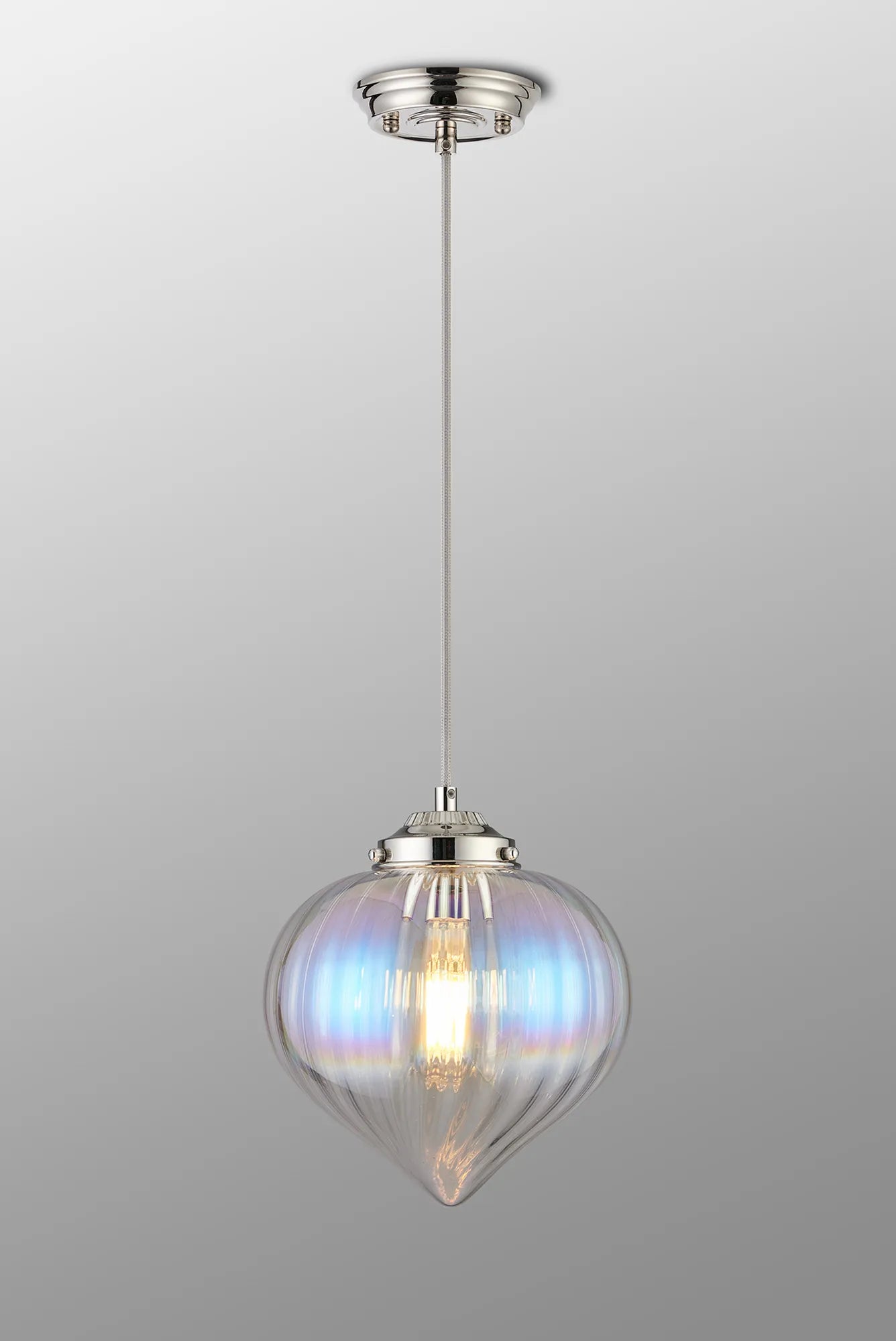 Grove Single Pendant with Flower Bud Shade - Polished Nickel & Grey Braided Cable & Iridescent Faded