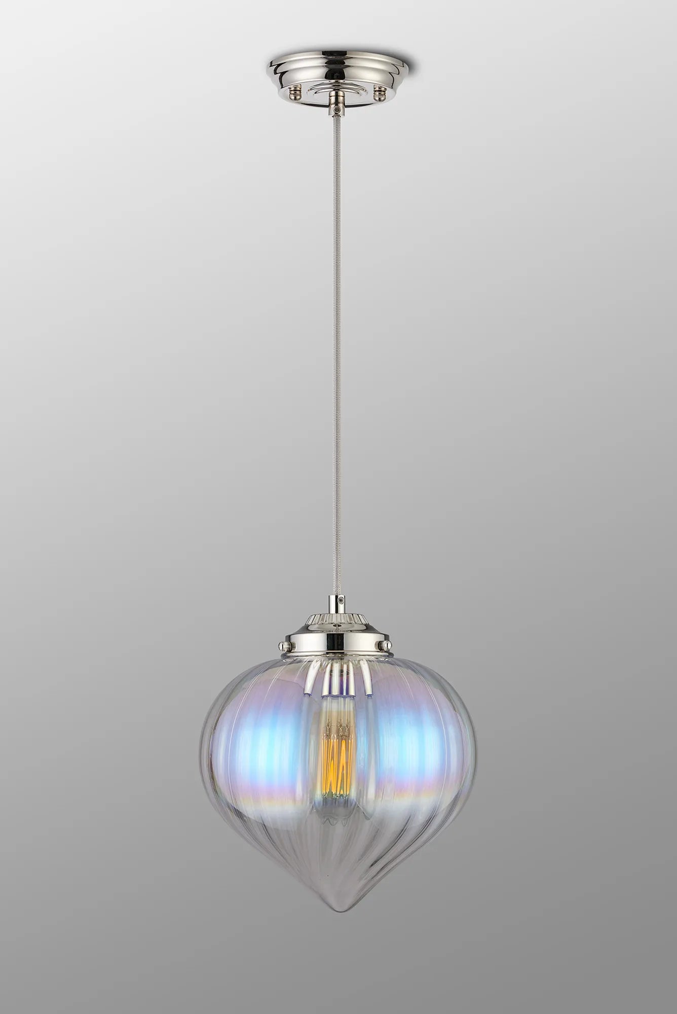 Grove Single Pendant with Flower Bud Shade - Polished Nickel & Grey Braided Cable & Iridescent Faded
