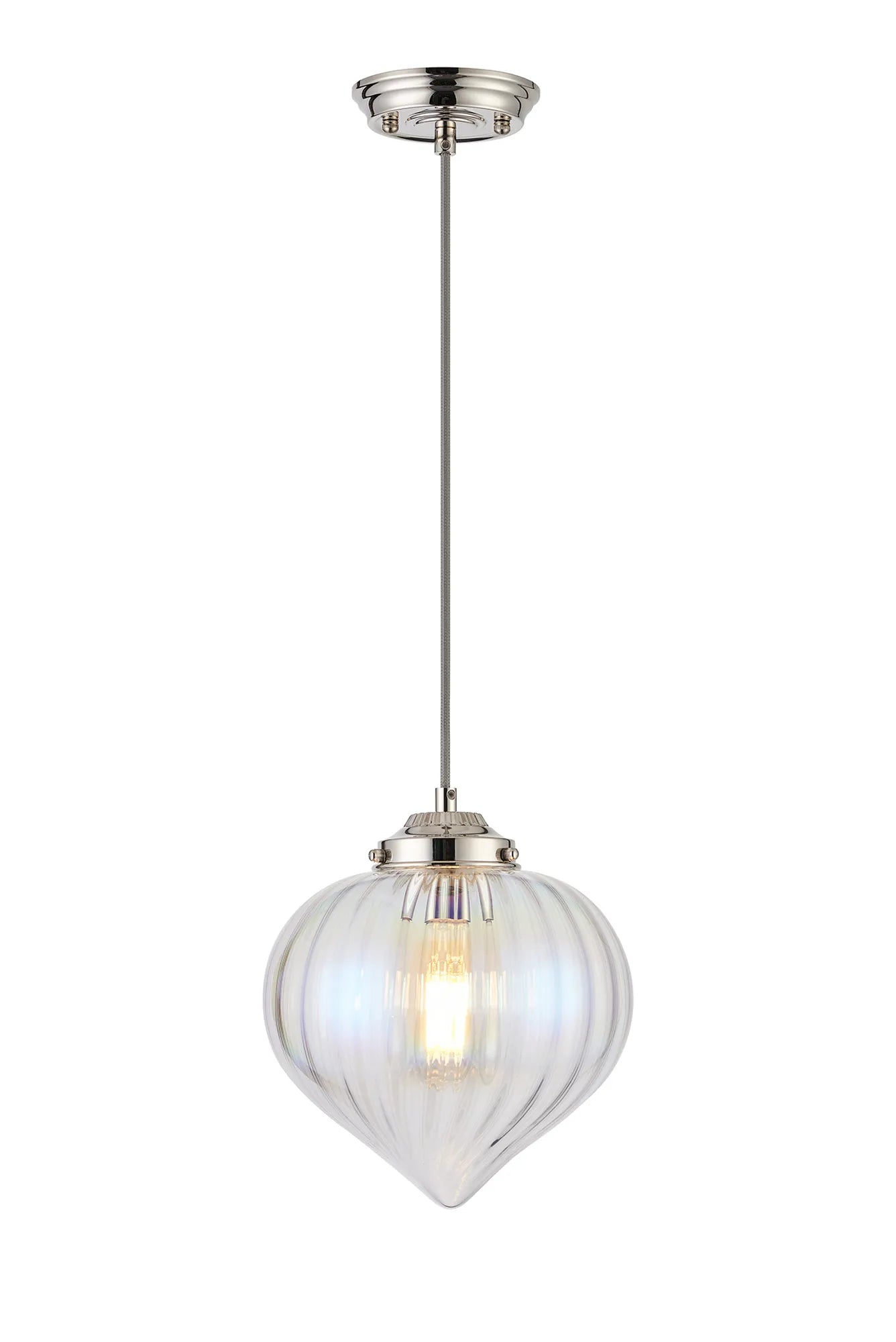Grove Single Pendant with Flower Bud Shade - Polished Nickel & Grey Braided Cable & Iridescent Faded