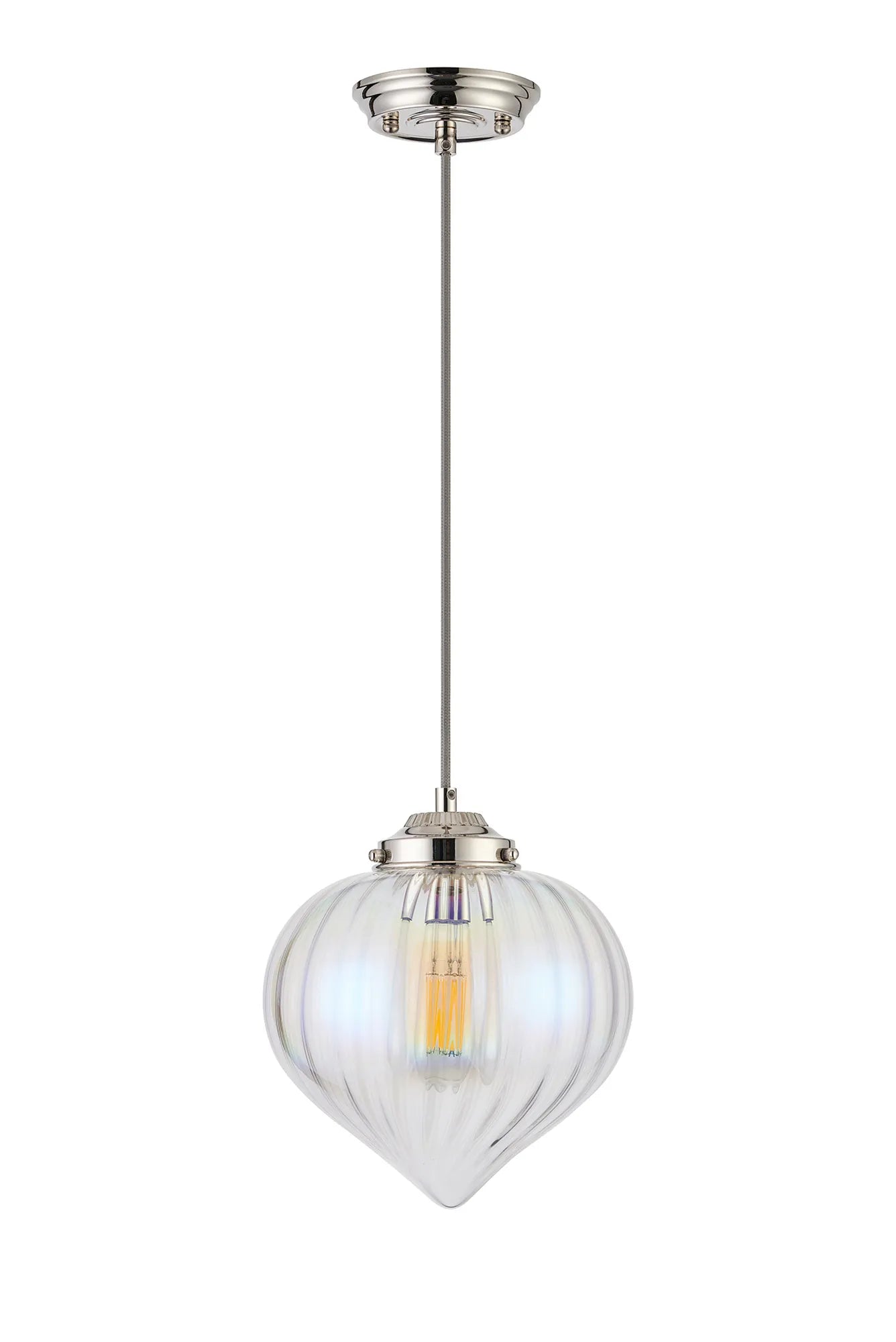 Grove Single Pendant with Flower Bud Shade - Polished Nickel & Grey Braided Cable & Iridescent Faded
