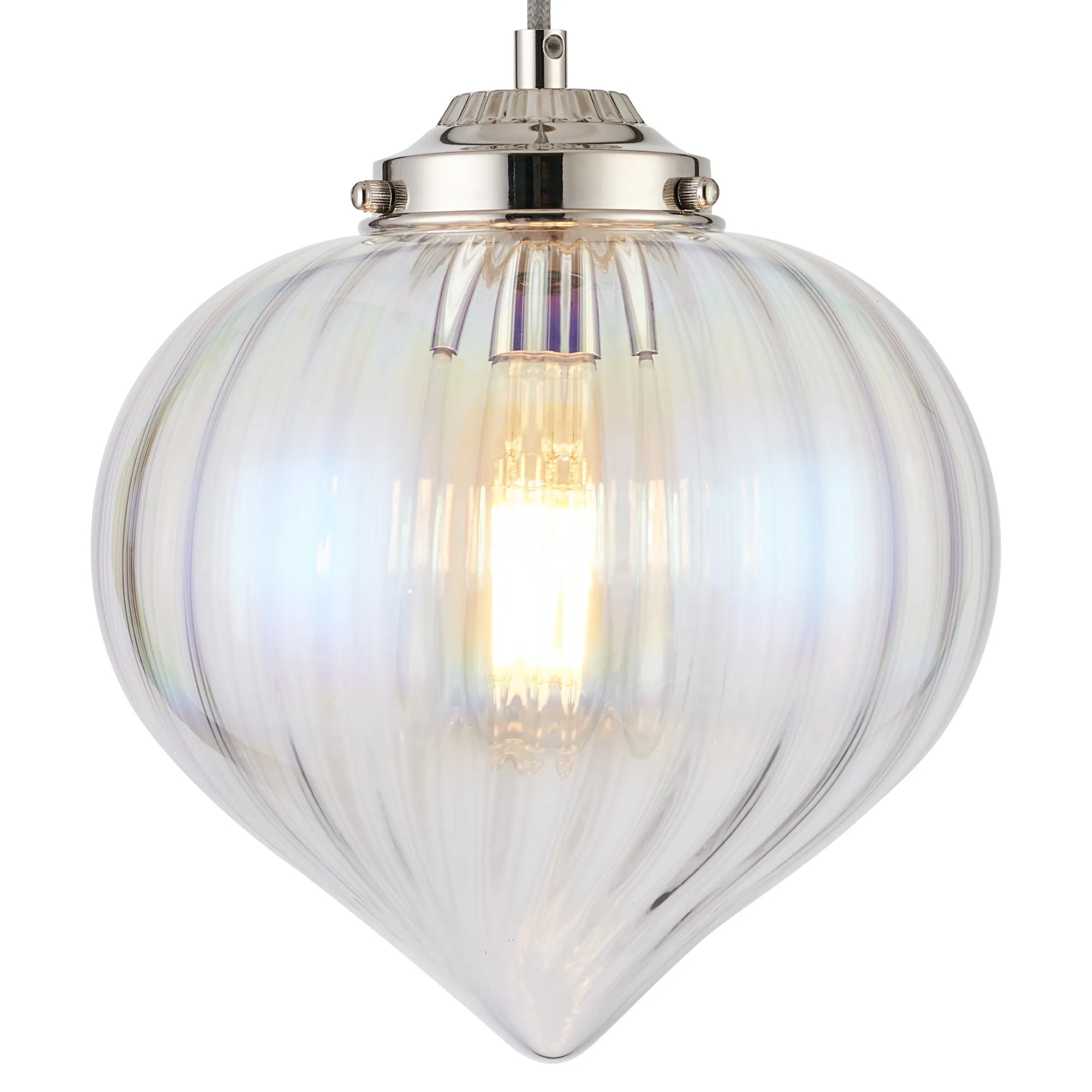 Grove Single Pendant with Flower Bud Shade - Polished Nickel & Grey Braided Cable & Iridescent Faded