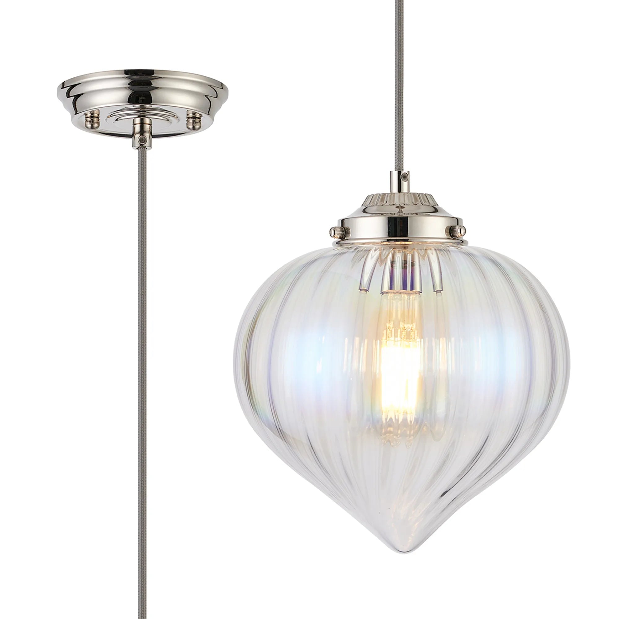 Grove Single Pendant with Flower Bud Shade - Polished Nickel & Grey Braided Cable & Iridescent Faded