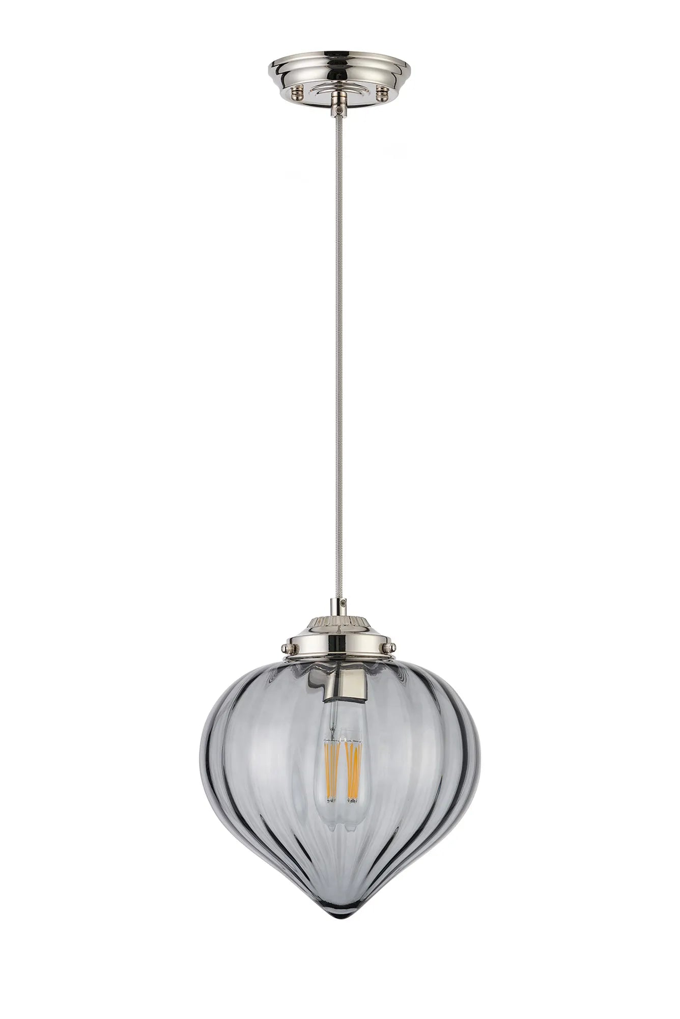 Grove Single Pendant with Flower Bud Shade - Polished Nickel & Grey Braided Cable & Smoke