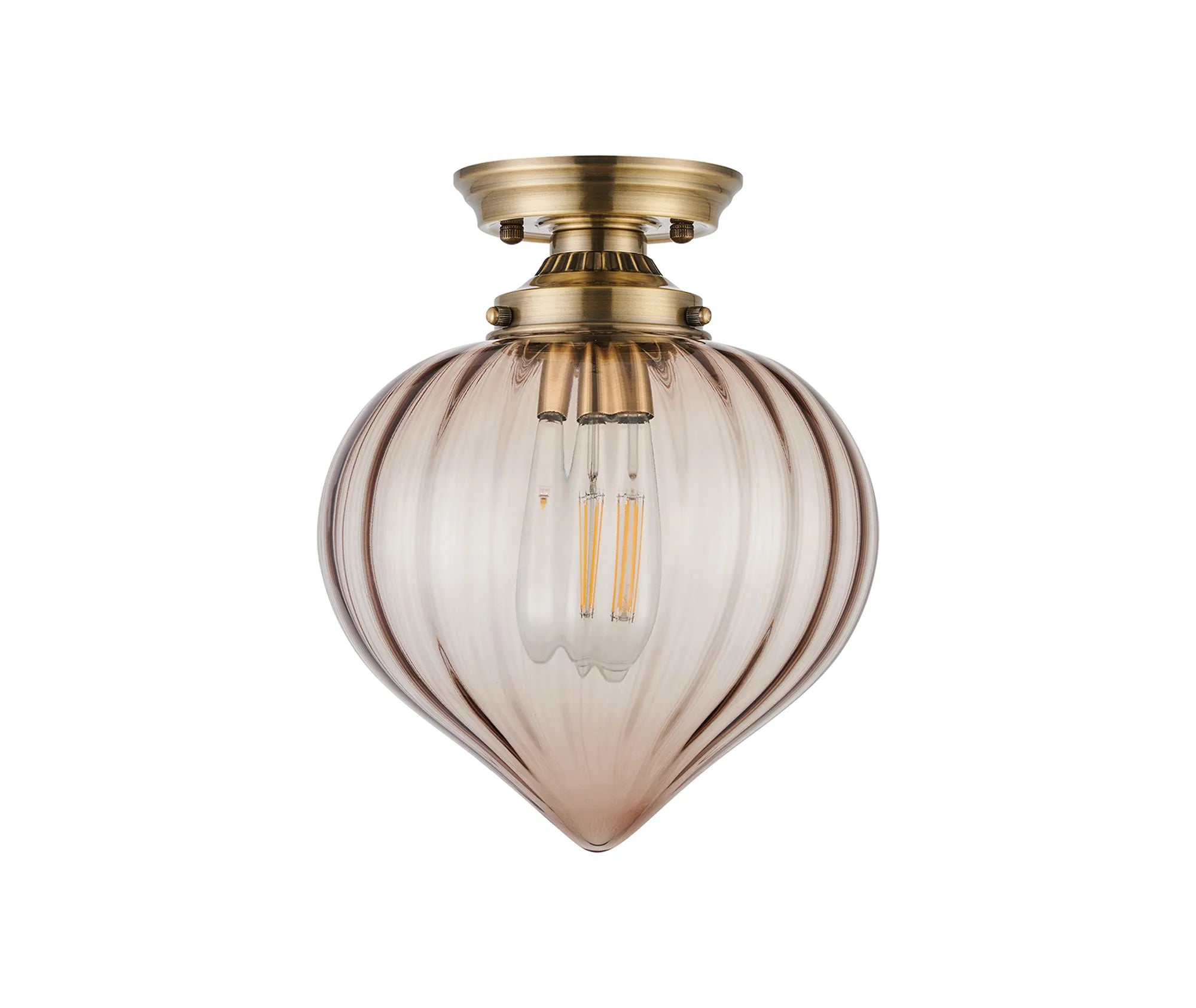 Grove Flush Ceiling Light with Flower Bud Shade - Antique Brass & Cognac