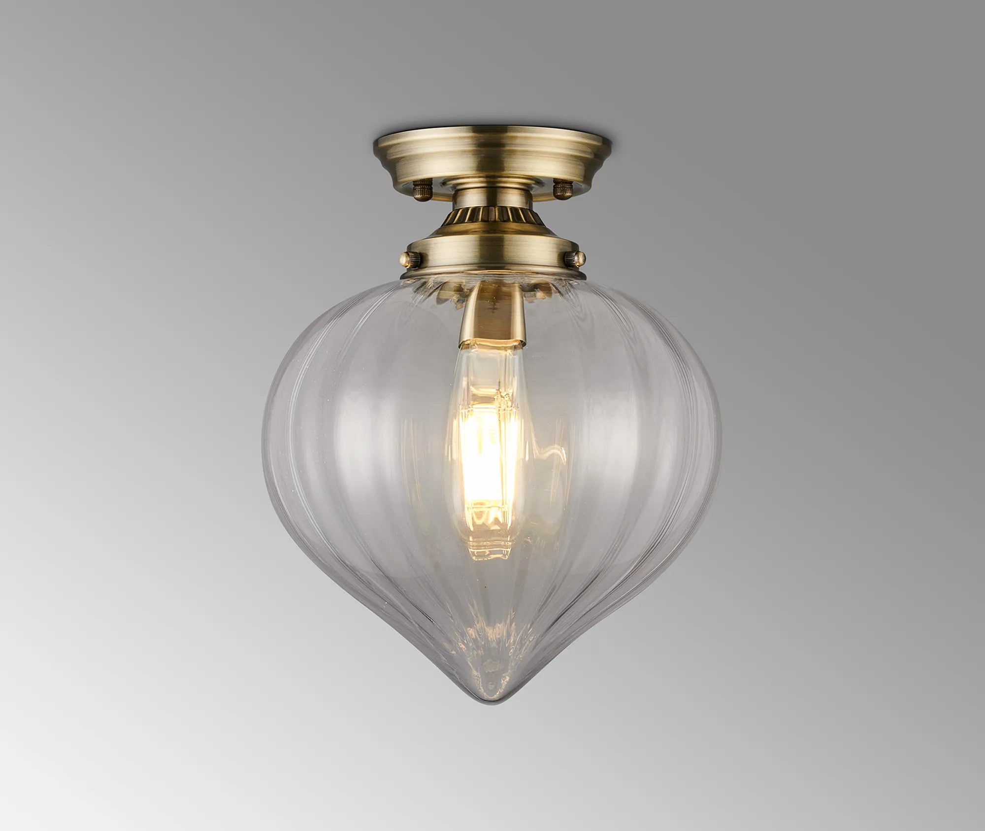 Grove Flush Ceiling Light with Flower Bud Shade - Antique Brass & Clear