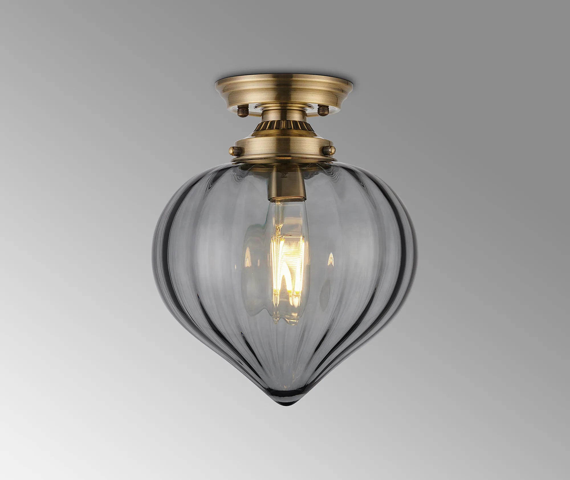 Grove Flush Ceiling Light with Flower Bud Shade - Antique Brass & Smoke