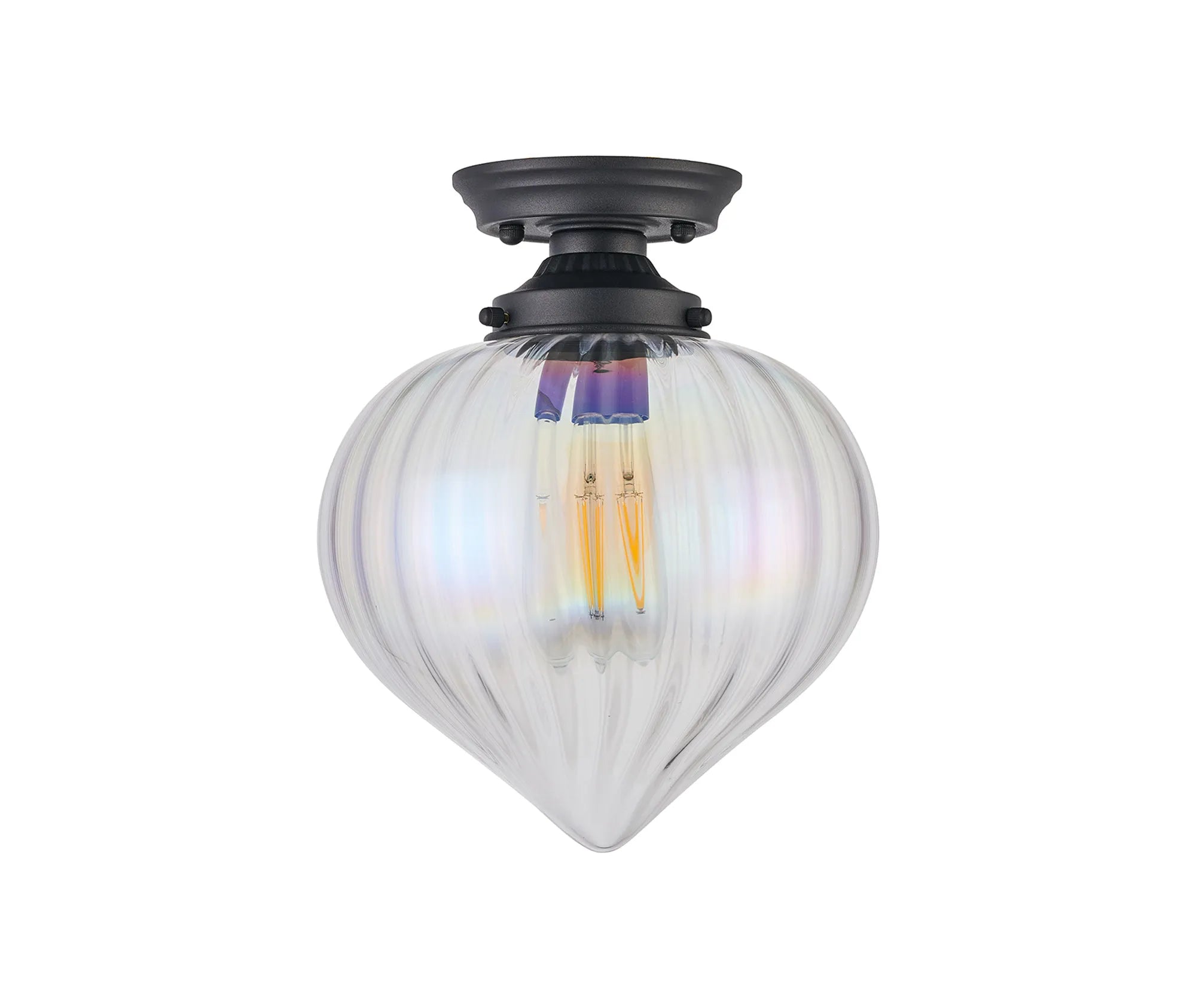 Grove Flush Ceiling Light with Flower Bud Shade - Satin Black & Iridescent Faded