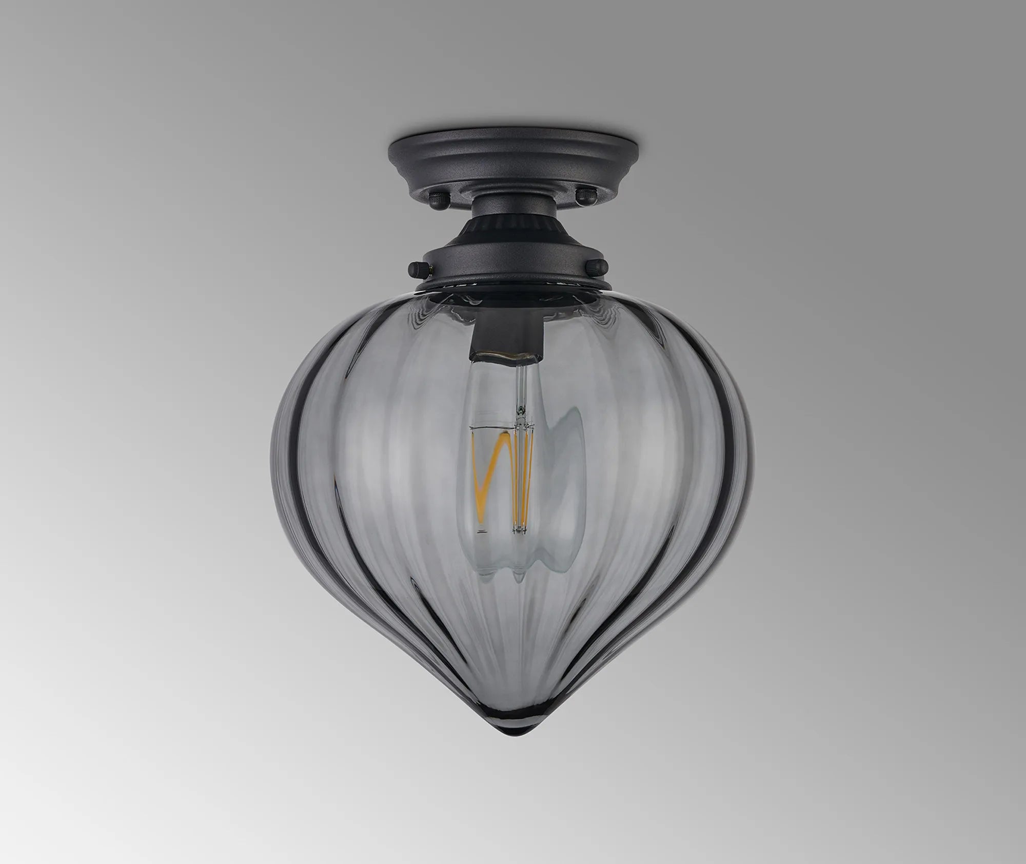 Grove Flush Ceiling Light with Flower Bud Shade - Satin Black & Smoke