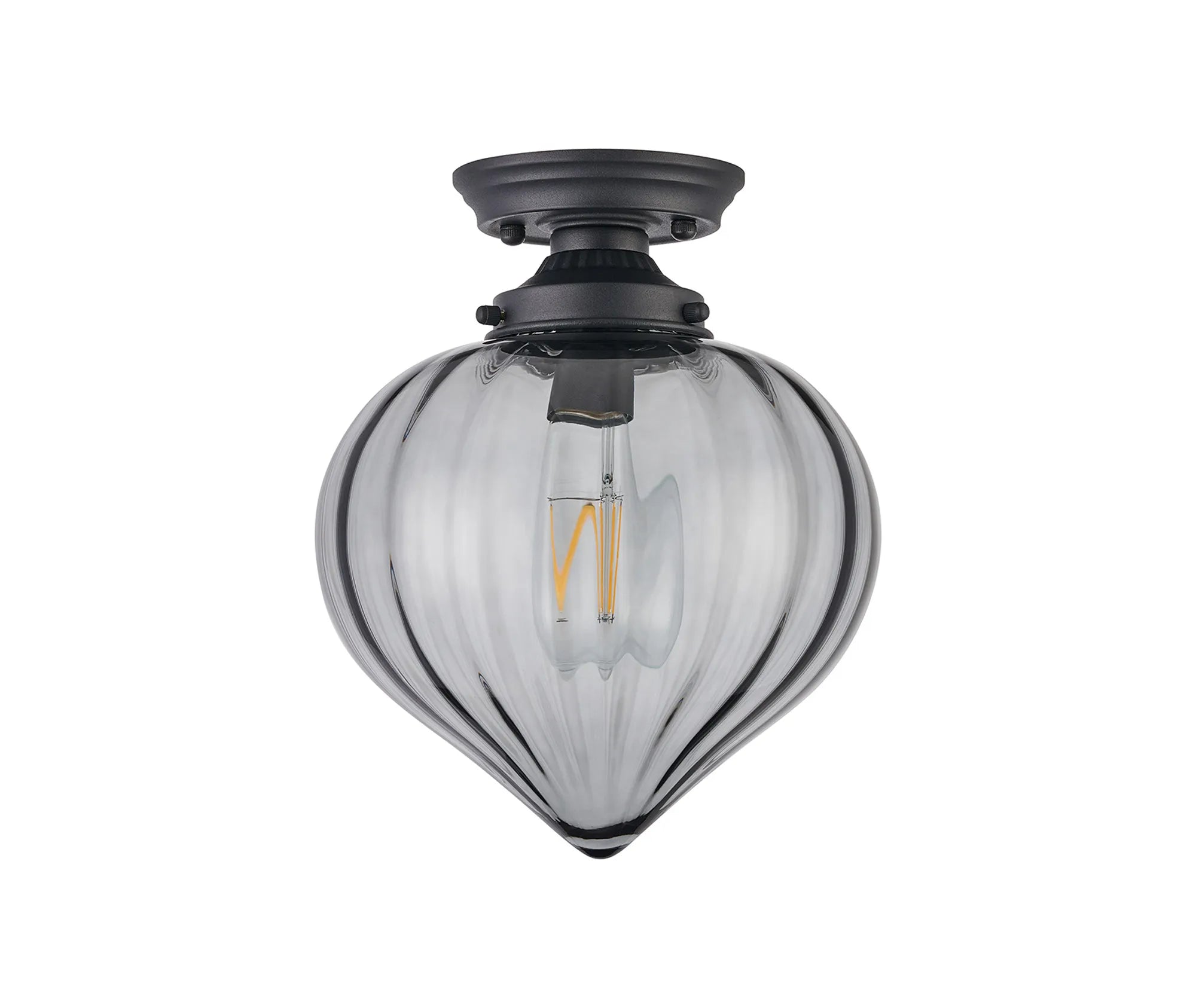 Grove Flush Ceiling Light with Flower Bud Shade - Satin Black & Smoke