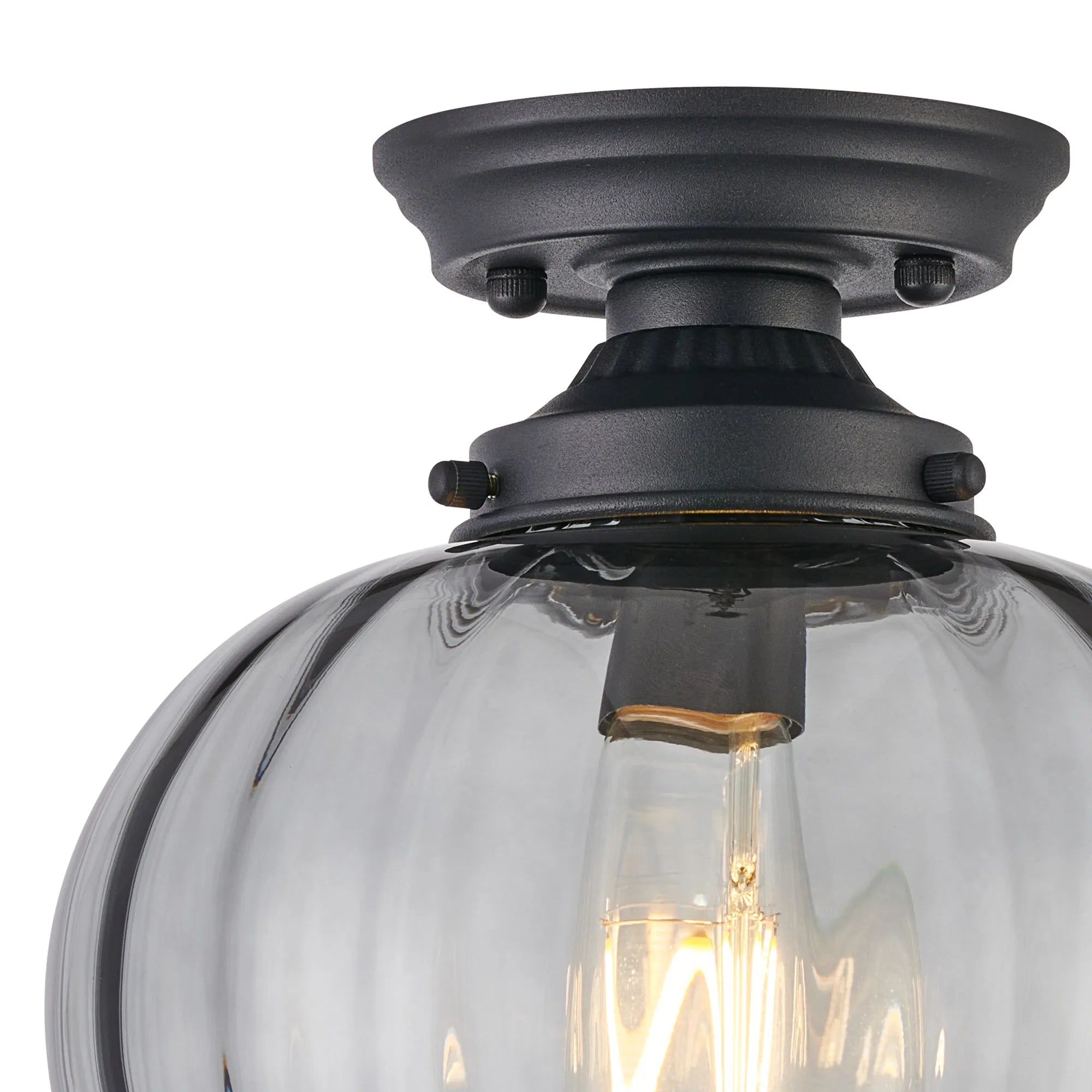 Grove Flush Ceiling Light with Flower Bud Shade - Satin Black & Smoke