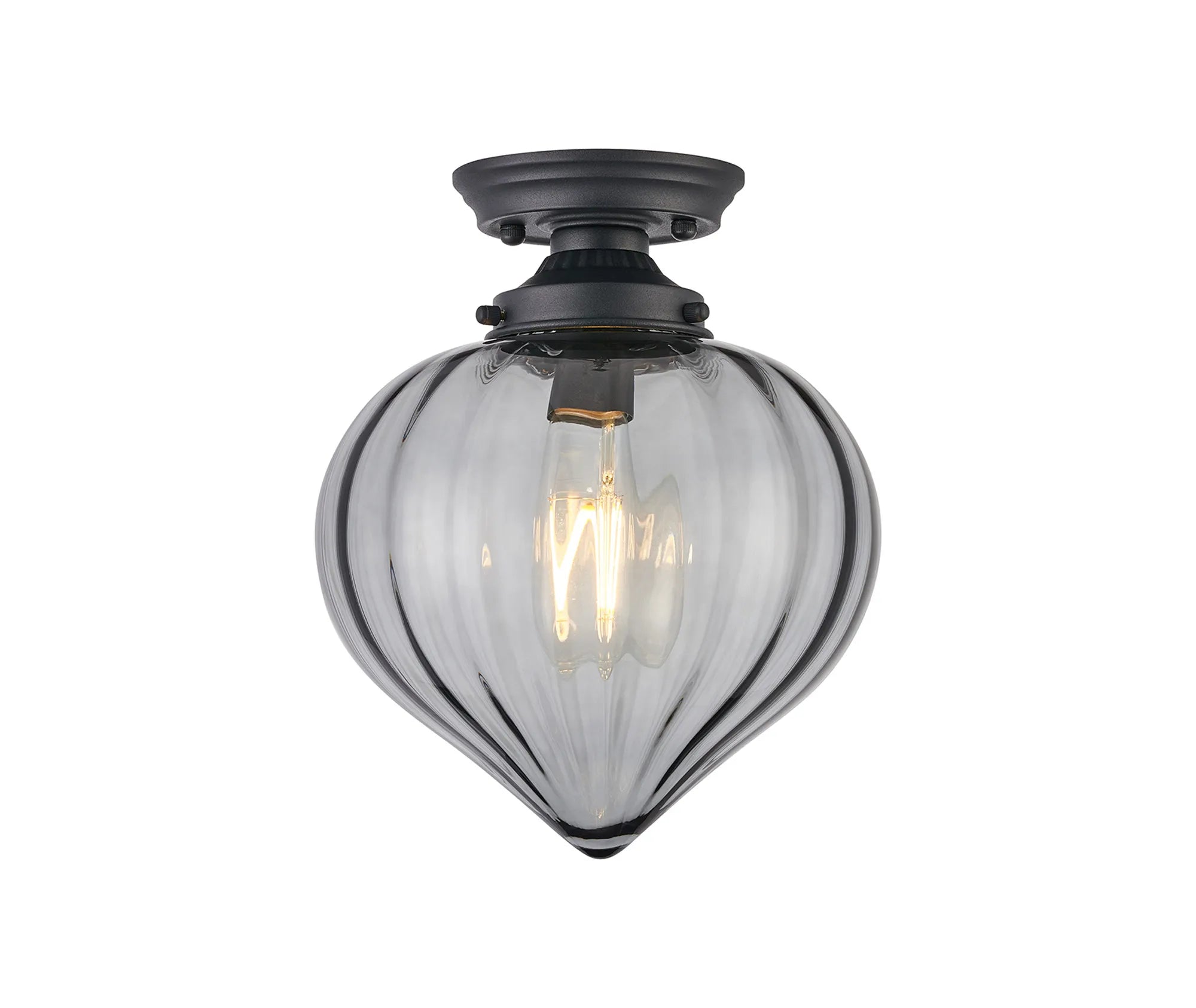 Grove Flush Ceiling Light with Flower Bud Shade - Satin Black & Smoke