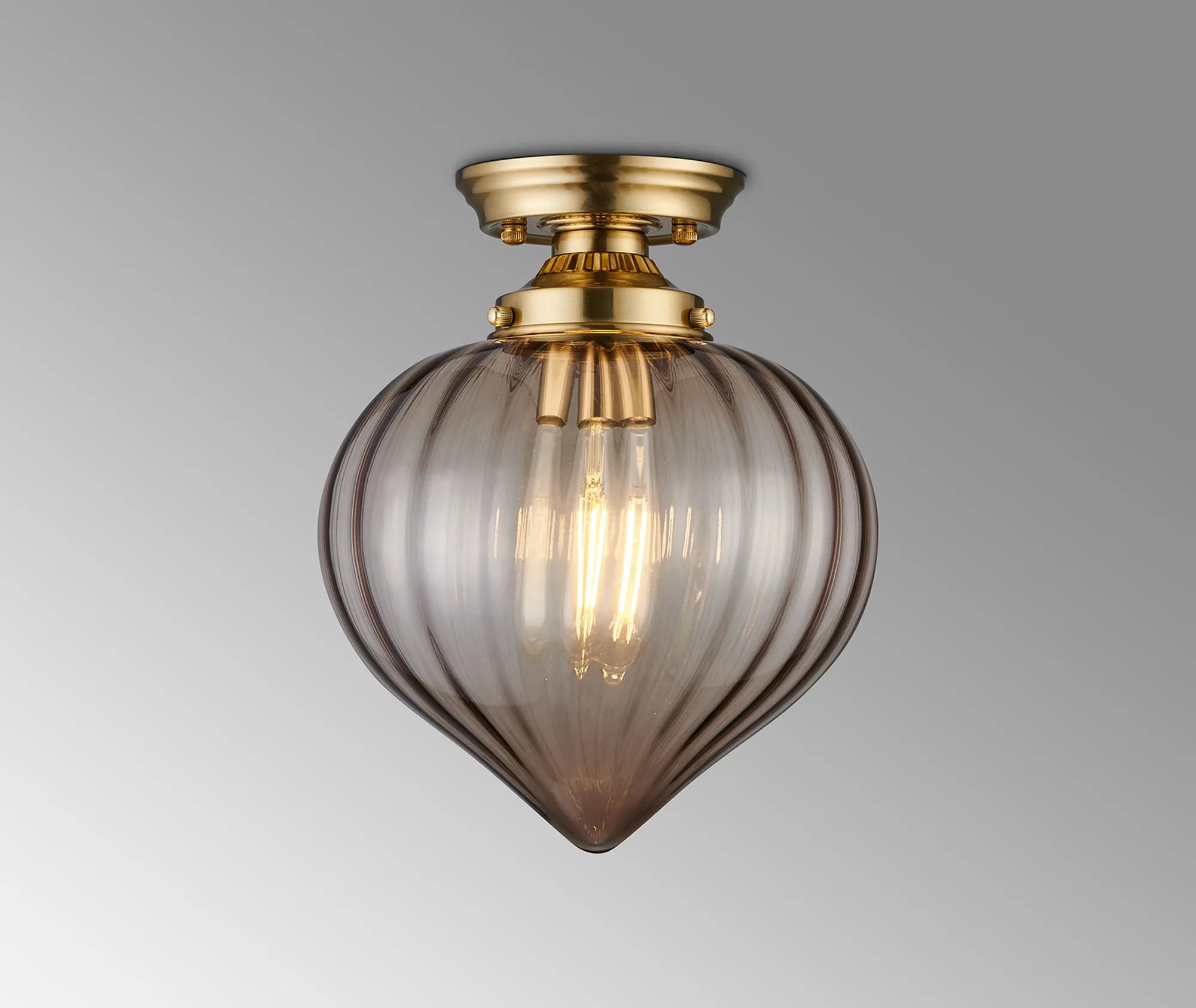 Grove Flush Ceiling Light with Flower Bud Shade - Brass & Cognac