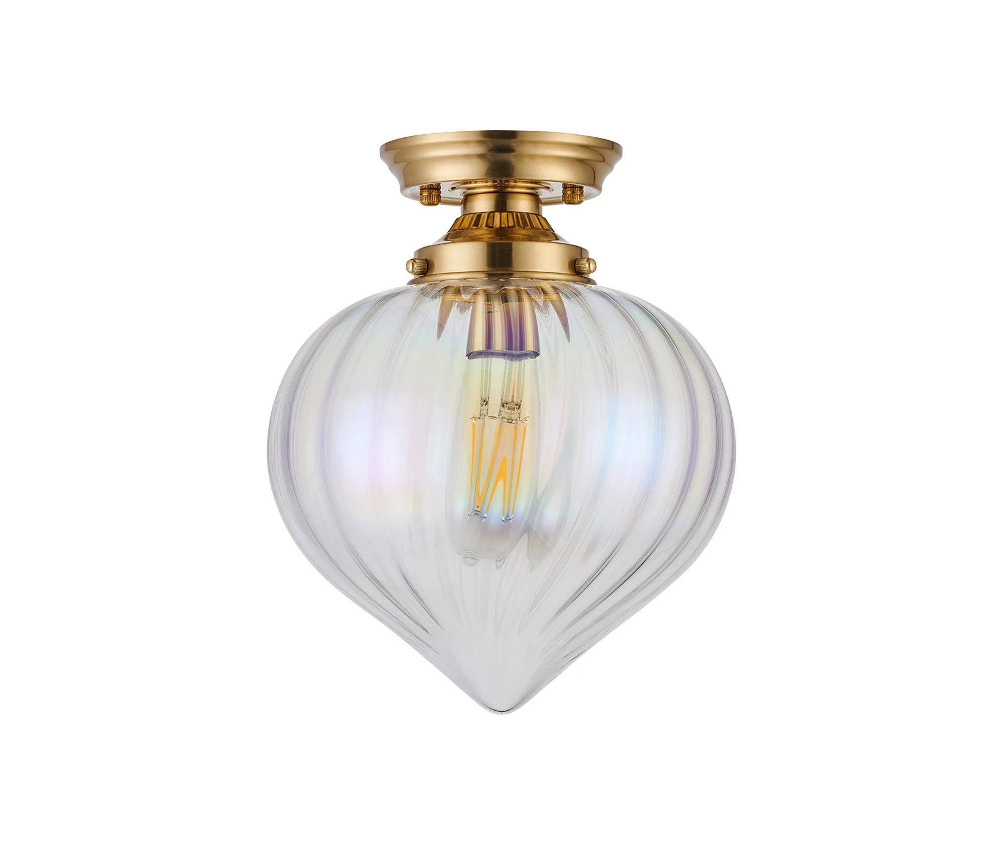 Grove Flush Ceiling Light with Flower Bud Shade - Brass & Iridescent Faded