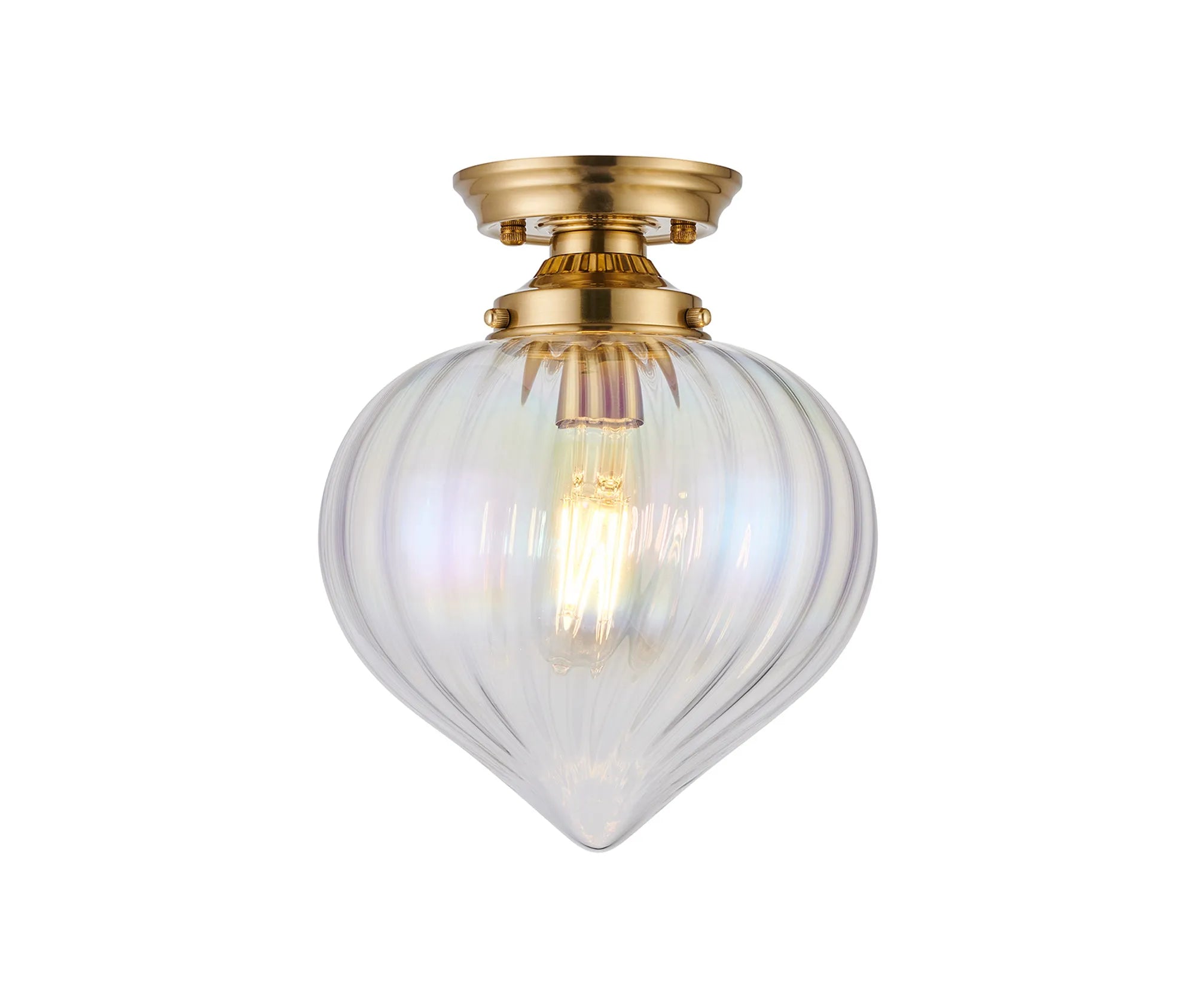 Grove Flush Ceiling Light with Flower Bud Shade - Brass & Iridescent Faded